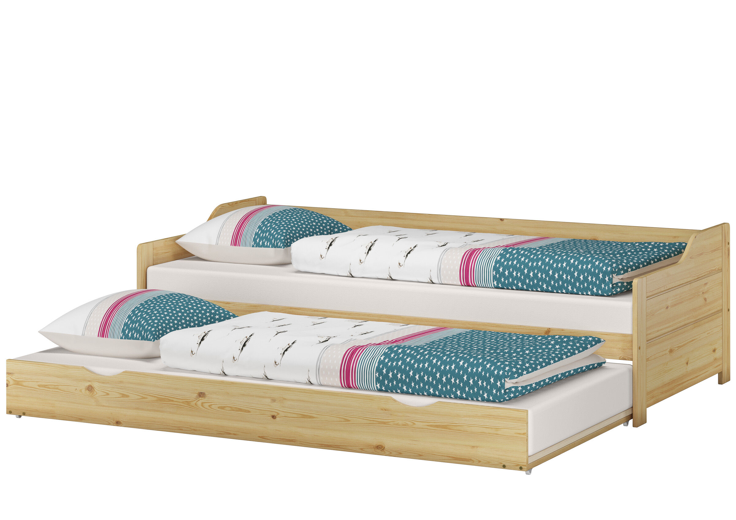 Holzbettrahmen, Bettgestell Mehrfachbett, Bettwäsche, Kissen, Muster Sterne, Kinderbett mit Gästebettkasten Kiefer natur