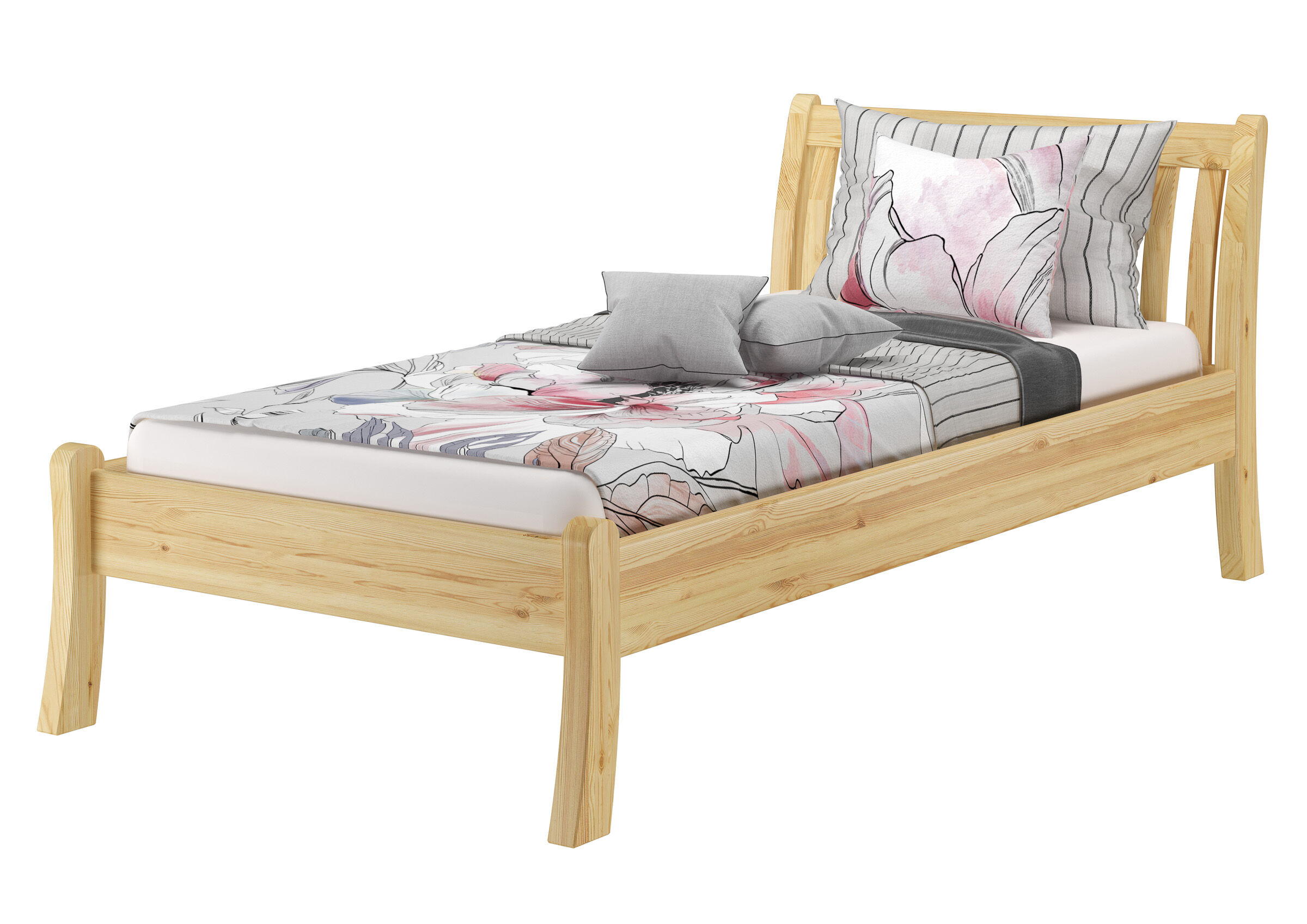 Holzbett, Einzelbett, Bettgestell, Naturholz, Blumendesign, modernes Einzelbett aus Kiefernholz