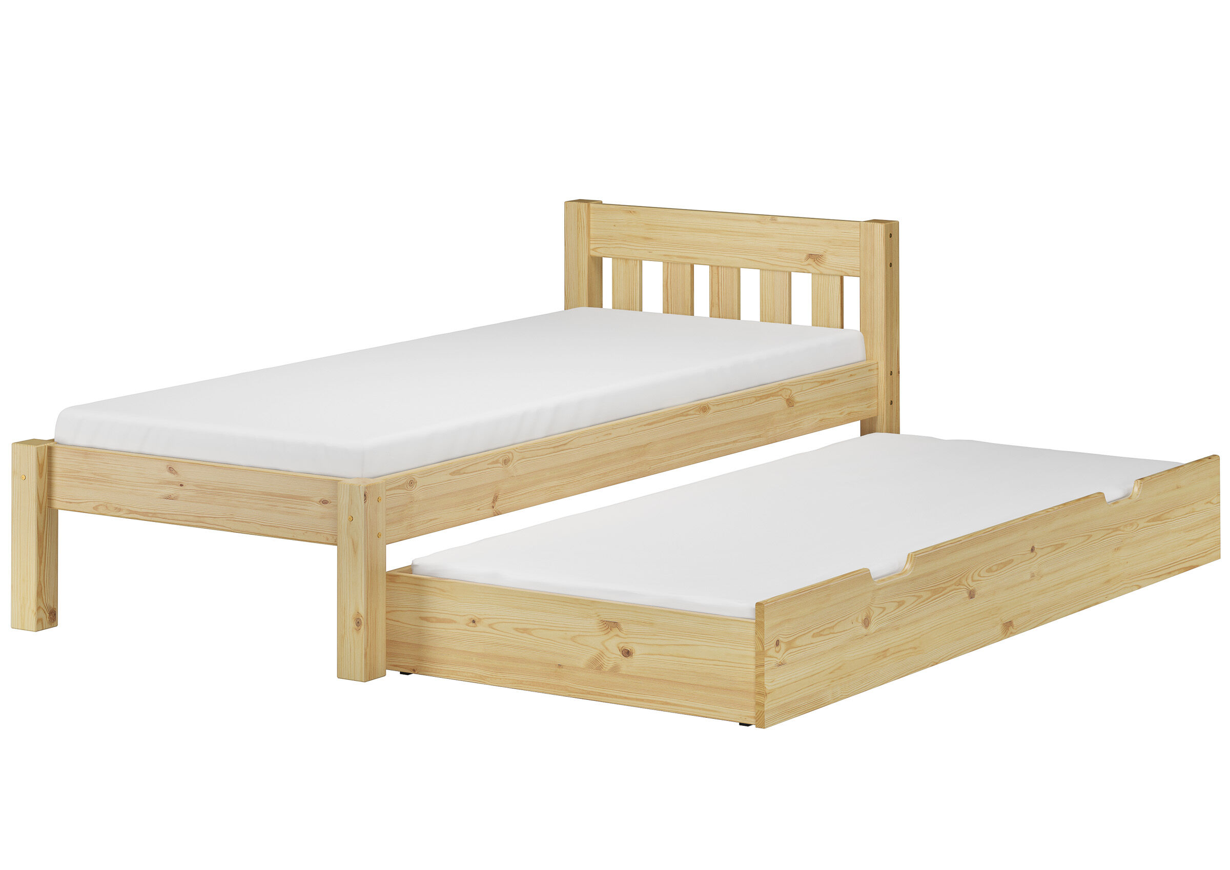 Holzbett, Kojenbett, Kinderbett, Massivholz, Einfache Konstruktion, Einzelbett mit Gästebettkasten Kiefer natur