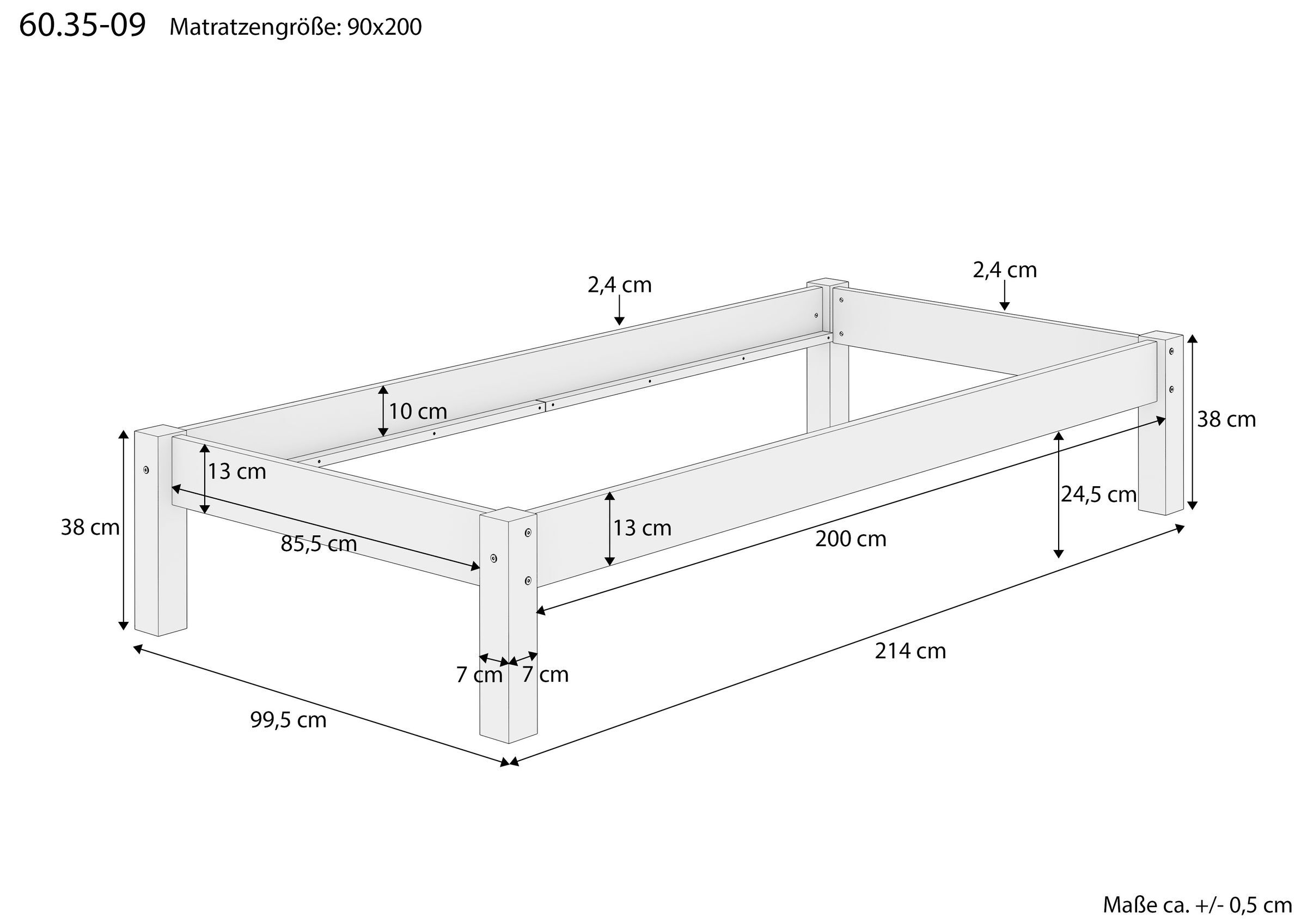 Bettgestell, Holz, Bettrahmen, Maße 90x200, Bettrahmen 90x200 cm, Skizze mit Maße