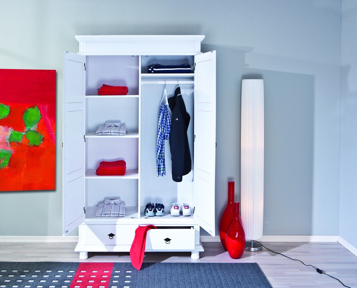 kleiderschrank, kleidung, schuhe, pullover, hosen, Kleiderschrank weiß mit Ablagefächer und Kleiderstange
