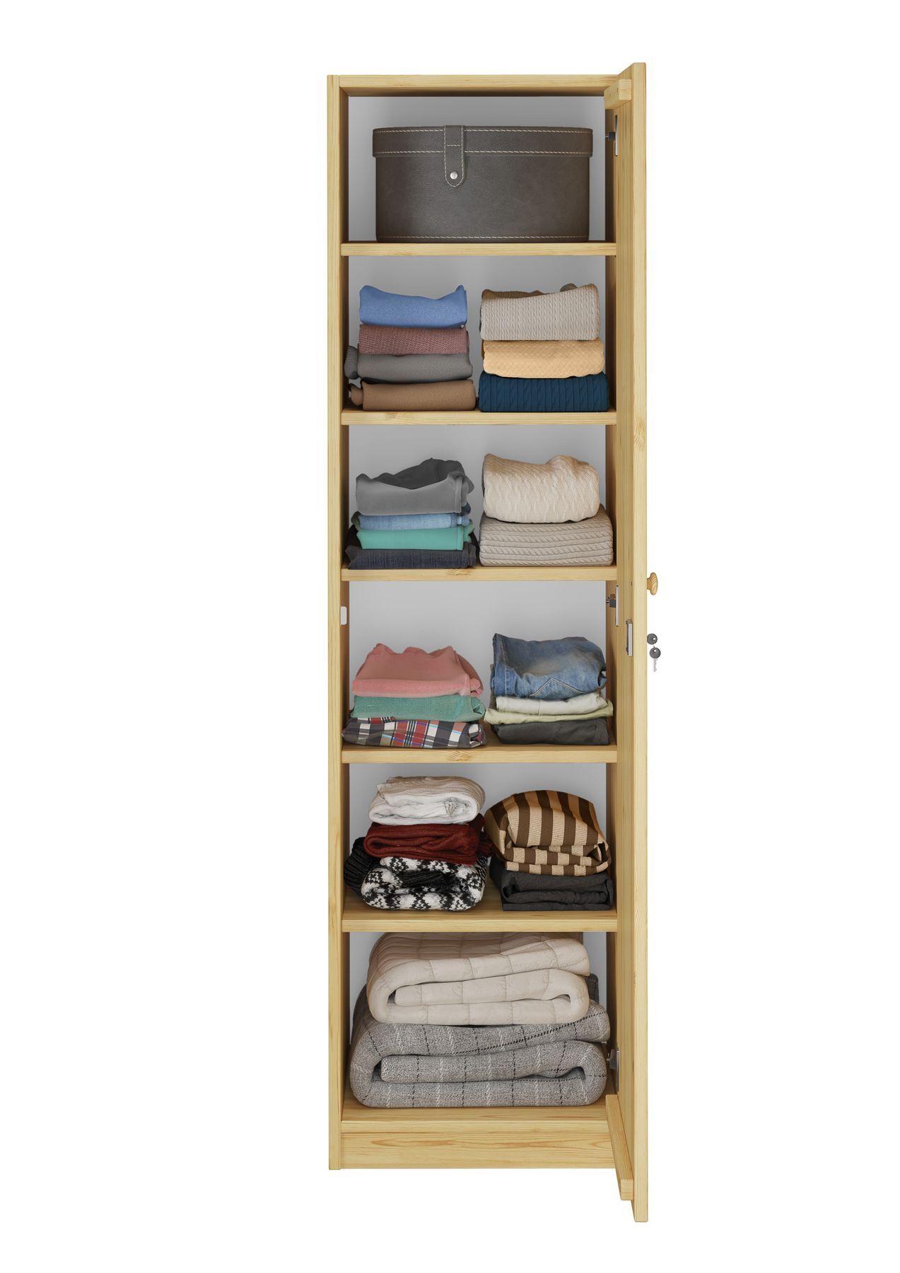 Schals, Dekor-Schrank, Holzregal, Aufbewahrung, Kleidungskorb, Detailbild des offenen Tür des Schranks