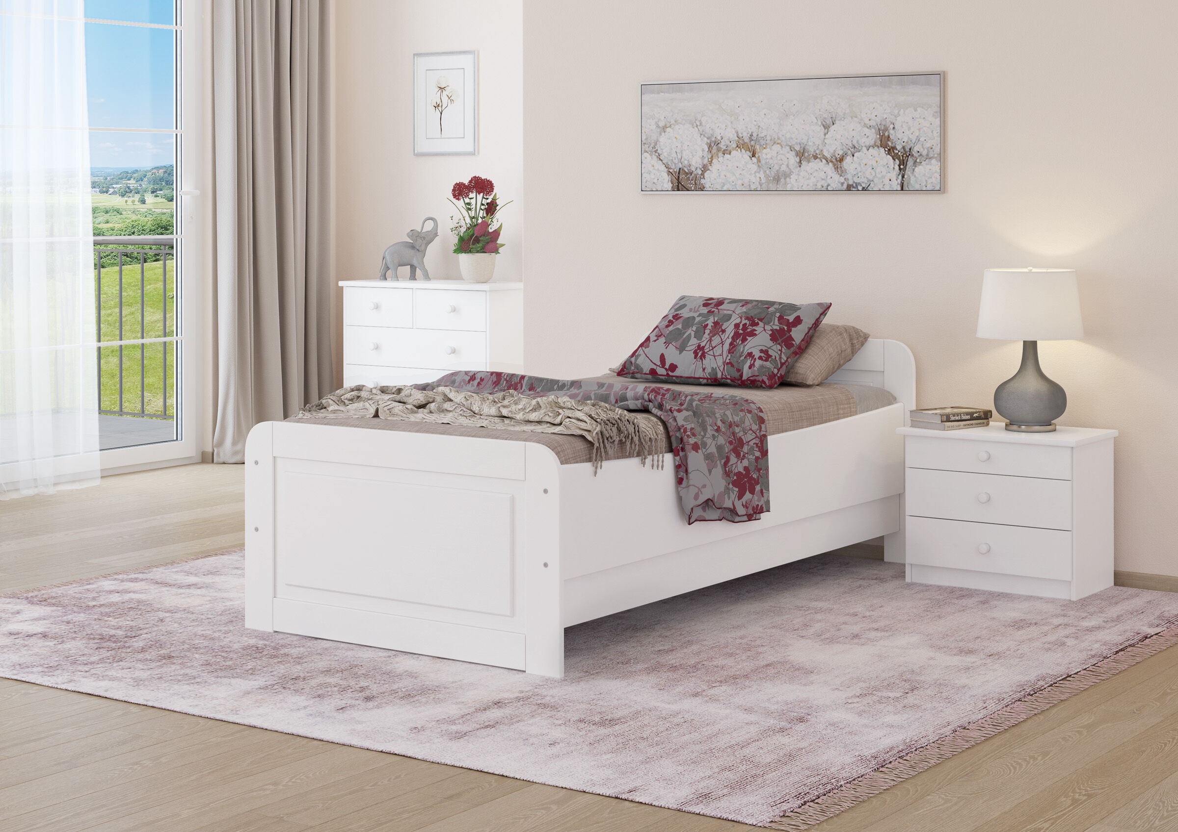 Bett, weißes Bett, Nachttisch, Blumenmuster-Bettwäsche, Lampe, Weißes Massivholzbett 90x200 im Zimmer