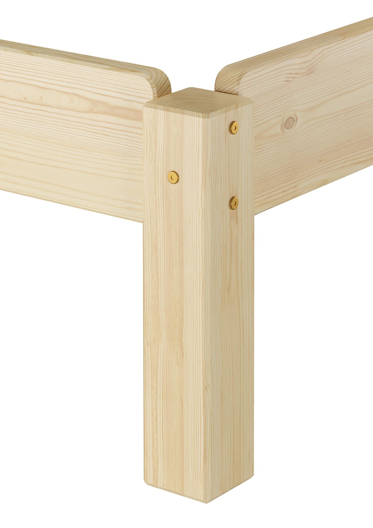 Holz, Holzbettgestell, Kiefernholz, Holzlatten, Verbindungsschrauben, Bettrahmenverbindung im Detail