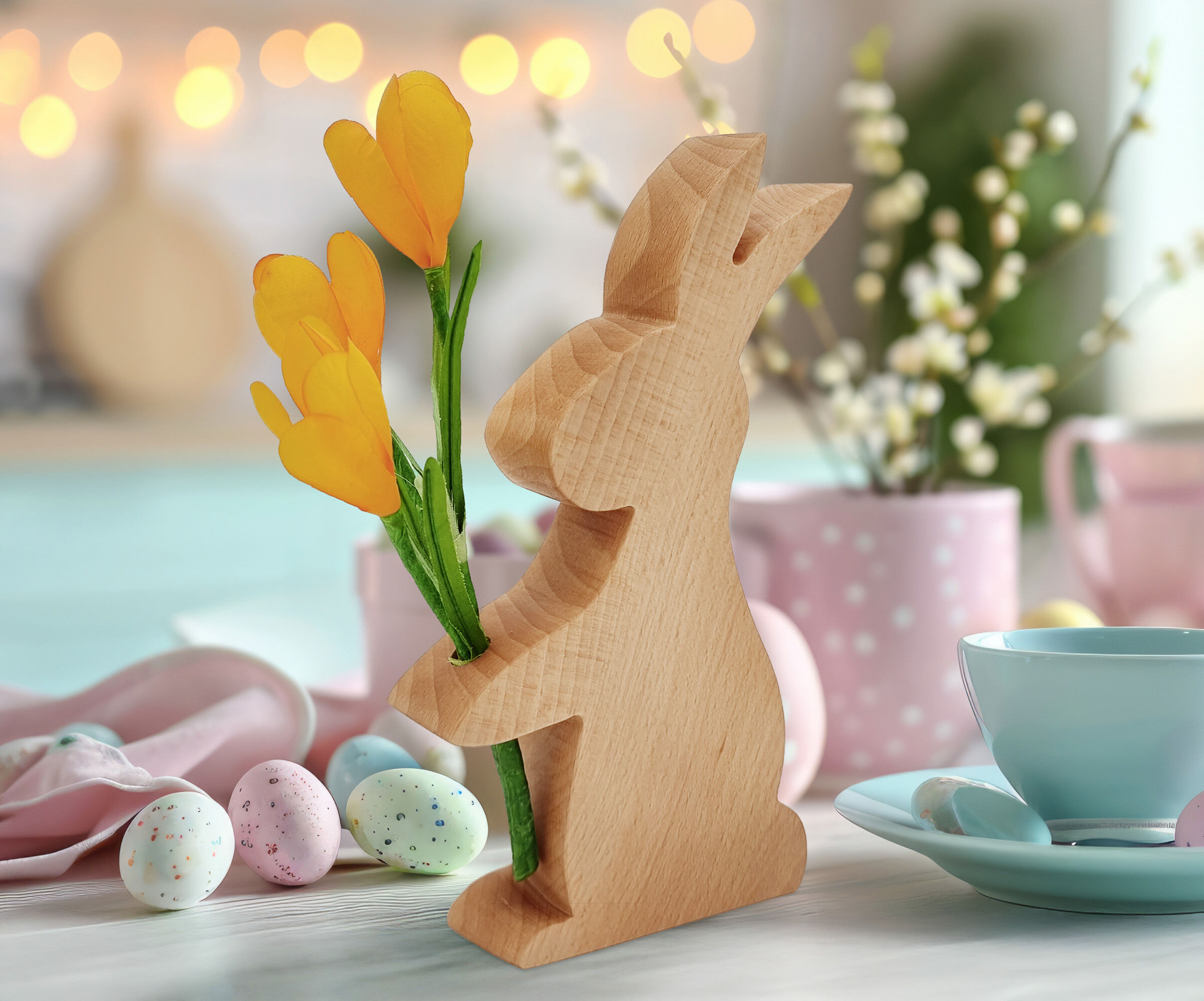 holzfigur, hasenfigur, hasenformen, osterdeko, blumenstrauss,