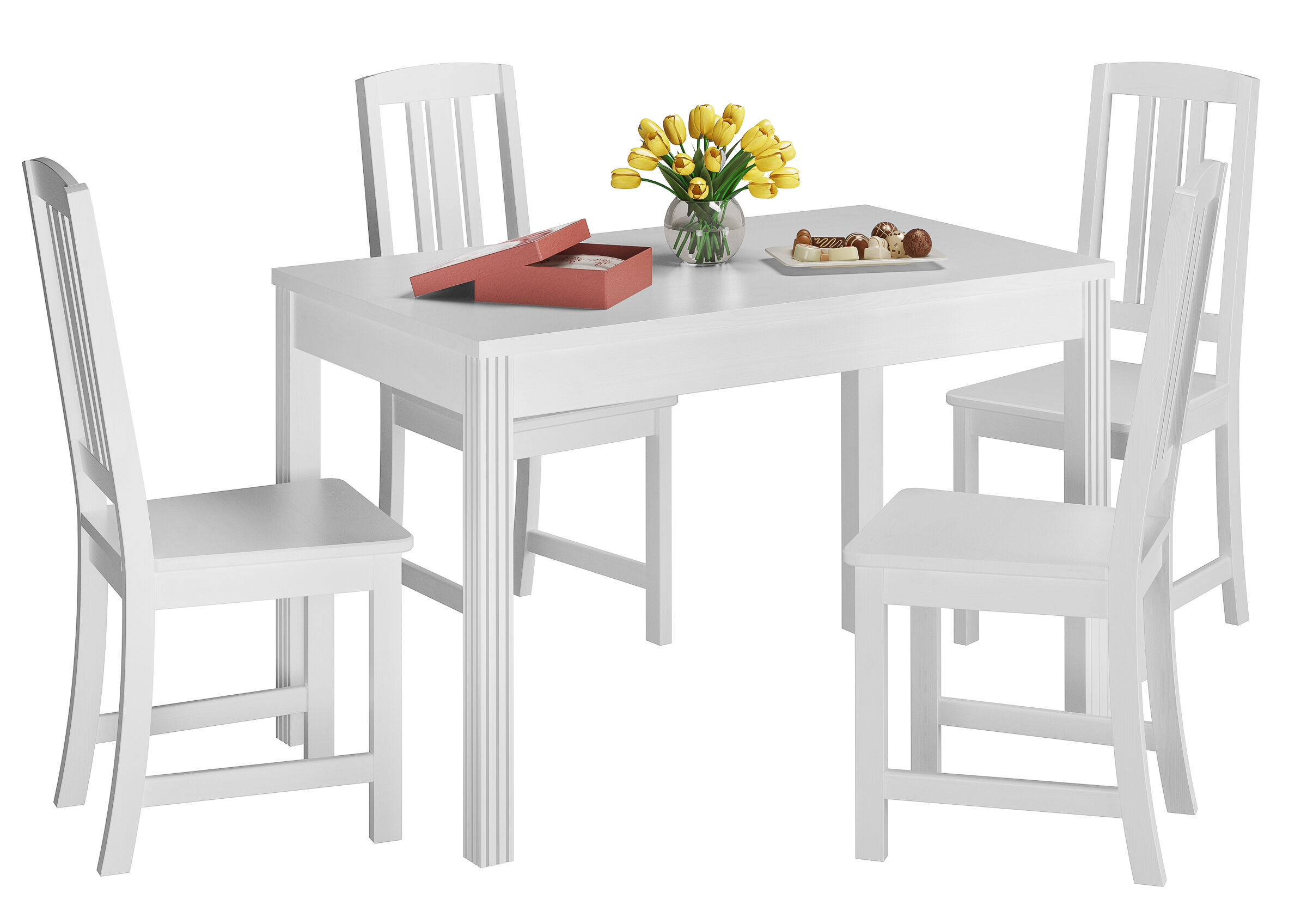 Esstisch, 4-Stuhl-Set, weiße Holzmöbel, Tulpenstrauß?, Tischplatte glatt, Esstischgruppe weiß mit Stühlen