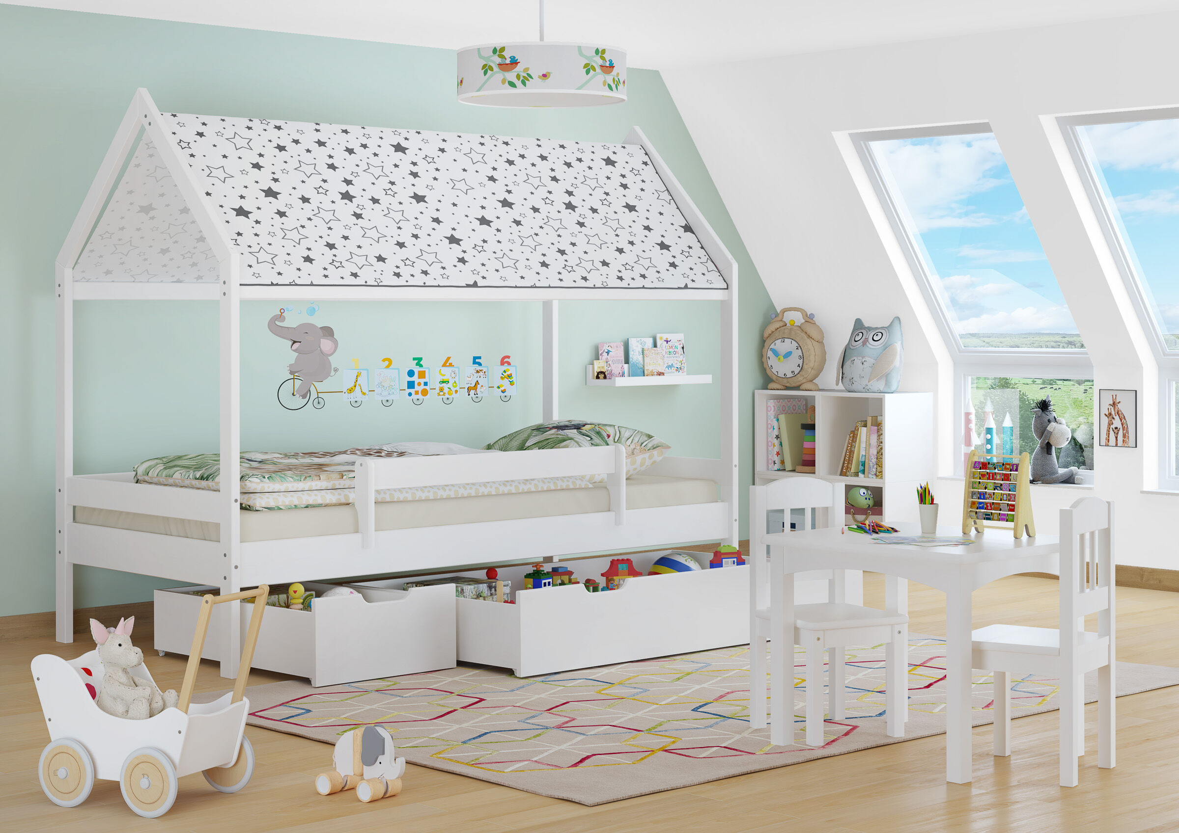 bett, hochbett, spielfläche, spielzeug, schreibtisch, Kleinkindzimmer mit Himmelbett und 2 Bettkästen weiß