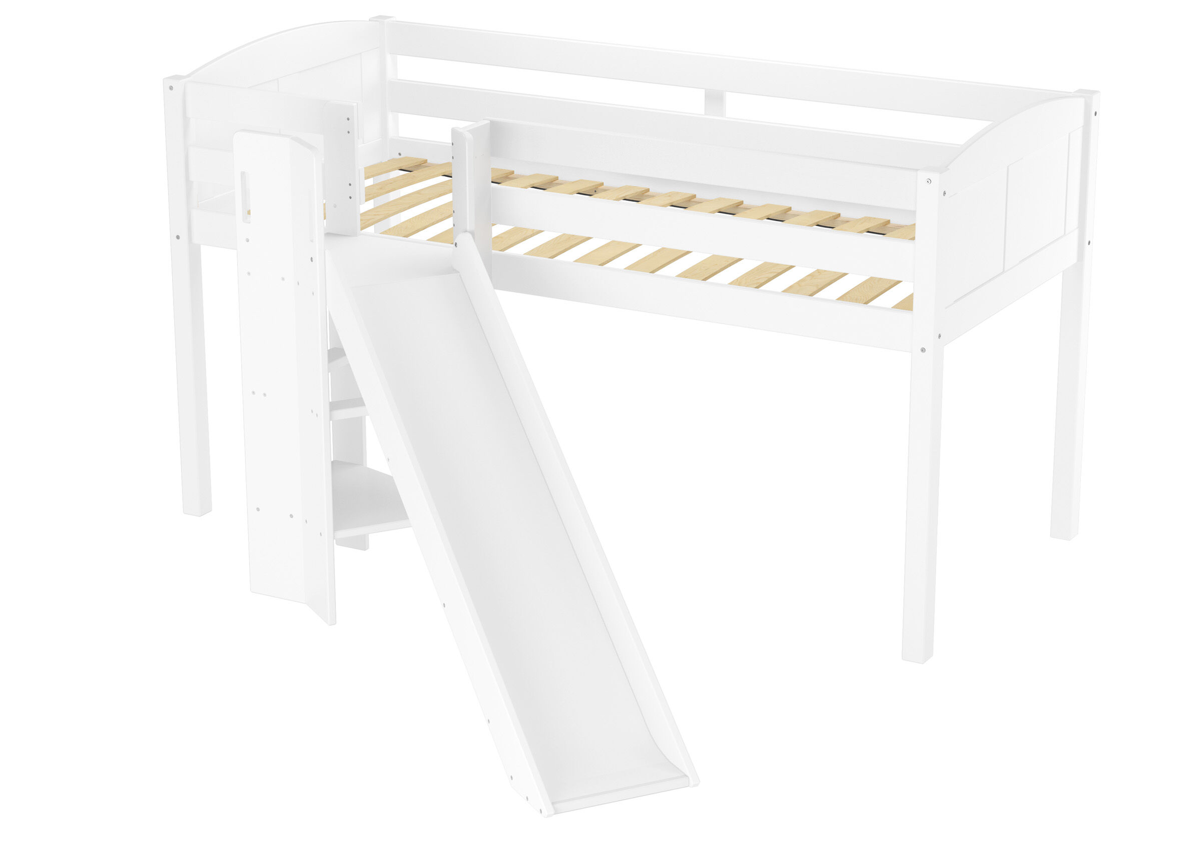 Hochbett, mit Rutsche, Holzlatten, weißes Bettgestell, Kleinkind-Bett, Kinderbett mit Vorhang und Rutsche
