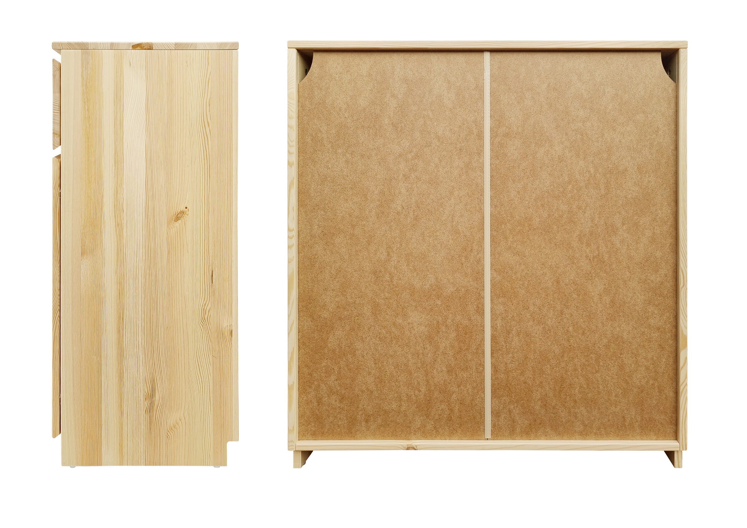 Holzschrank, Schrank, Kleiderschrank, Birke, Paneelkorpus, Detailbild des Holzsideboard von der Seite und von hinten