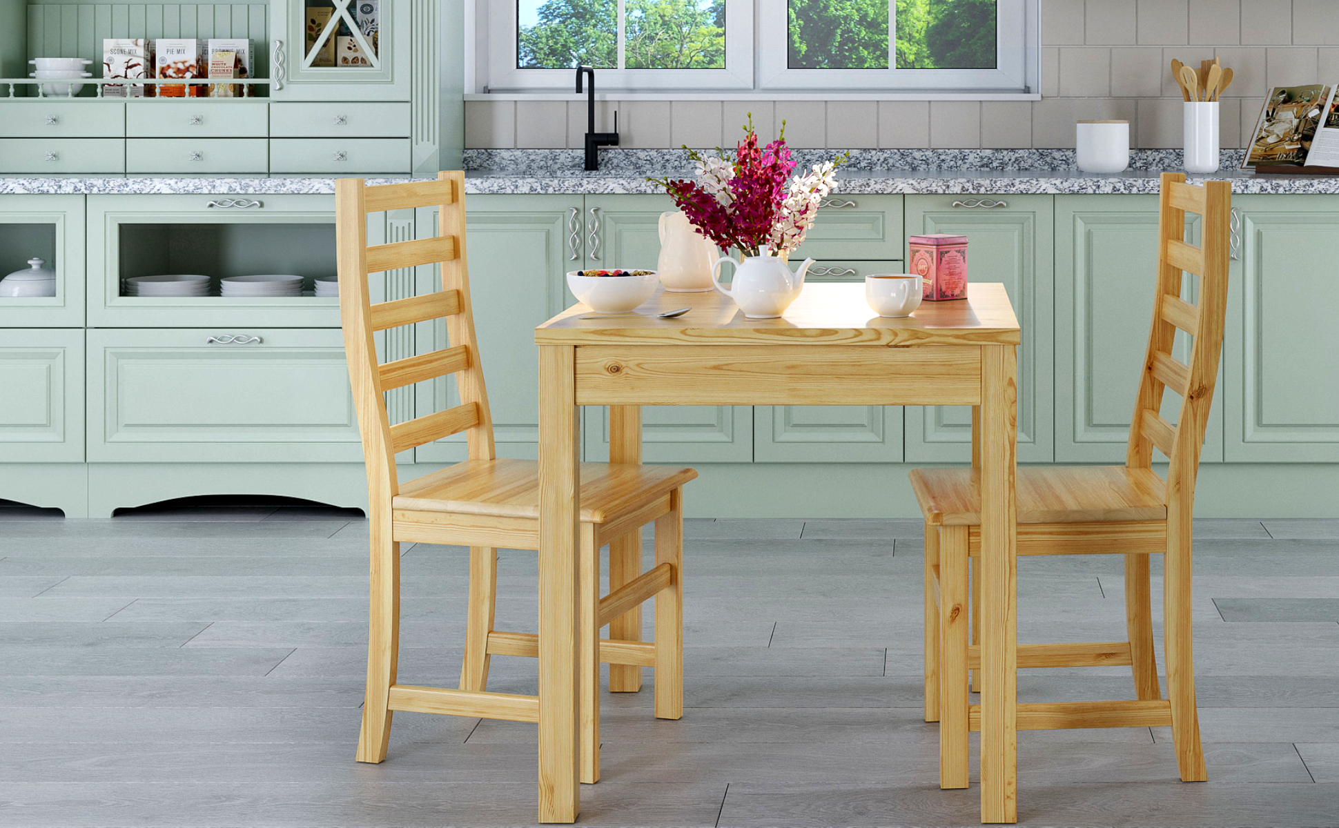 kitchen, küchentisch, holzstühle, minzgrüne Schränke, granitarbeitsplatte,