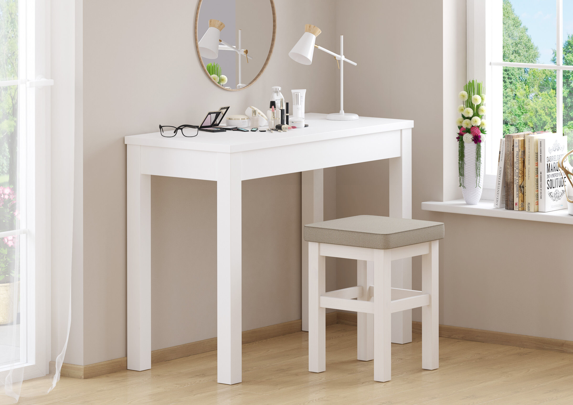 weißer schreibtisch, Schminktisch, Make-up Spiegel, Hocker, Wohnkultur, Zeitloser Vollholztisch 100x45