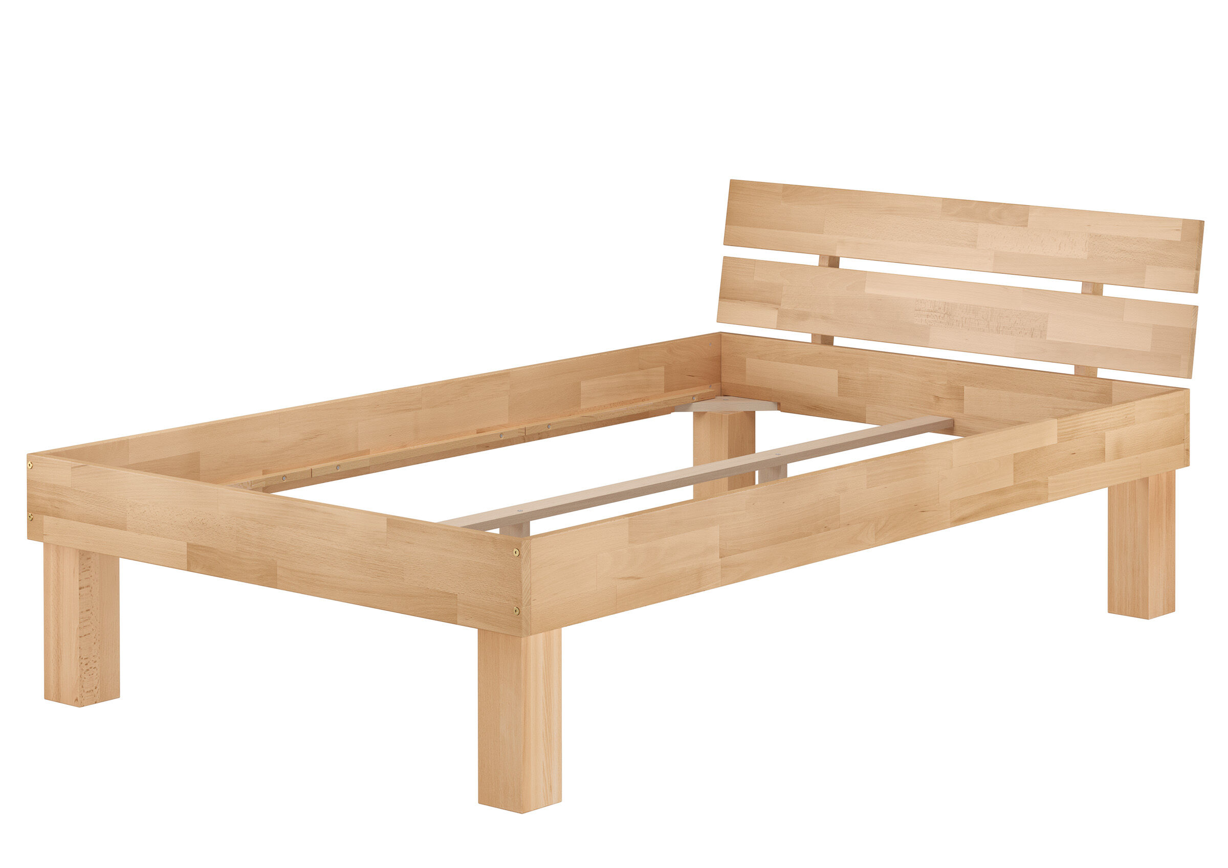 holzbettrahmen, bettrest, massivholz, holzlatten, holzbettrahmen, Schlichtes Echtholzbett 120x200 aus Buche mit zweierlei Füßen