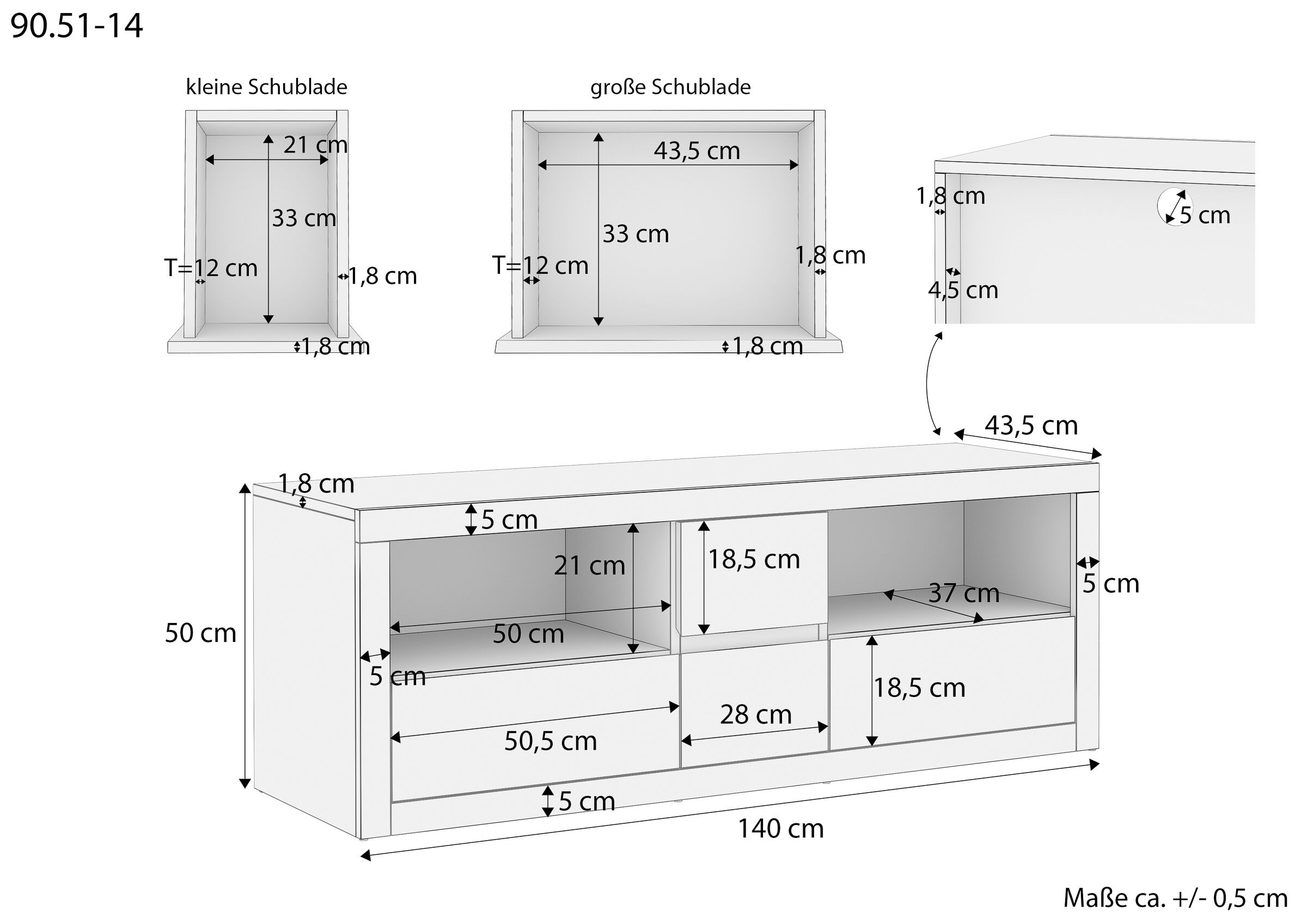 Sideboard, Wohnzimmermöbel, Vitrine, Schrankkombination, Maße-140cm, Maße des TV-Boards mit Schubladen