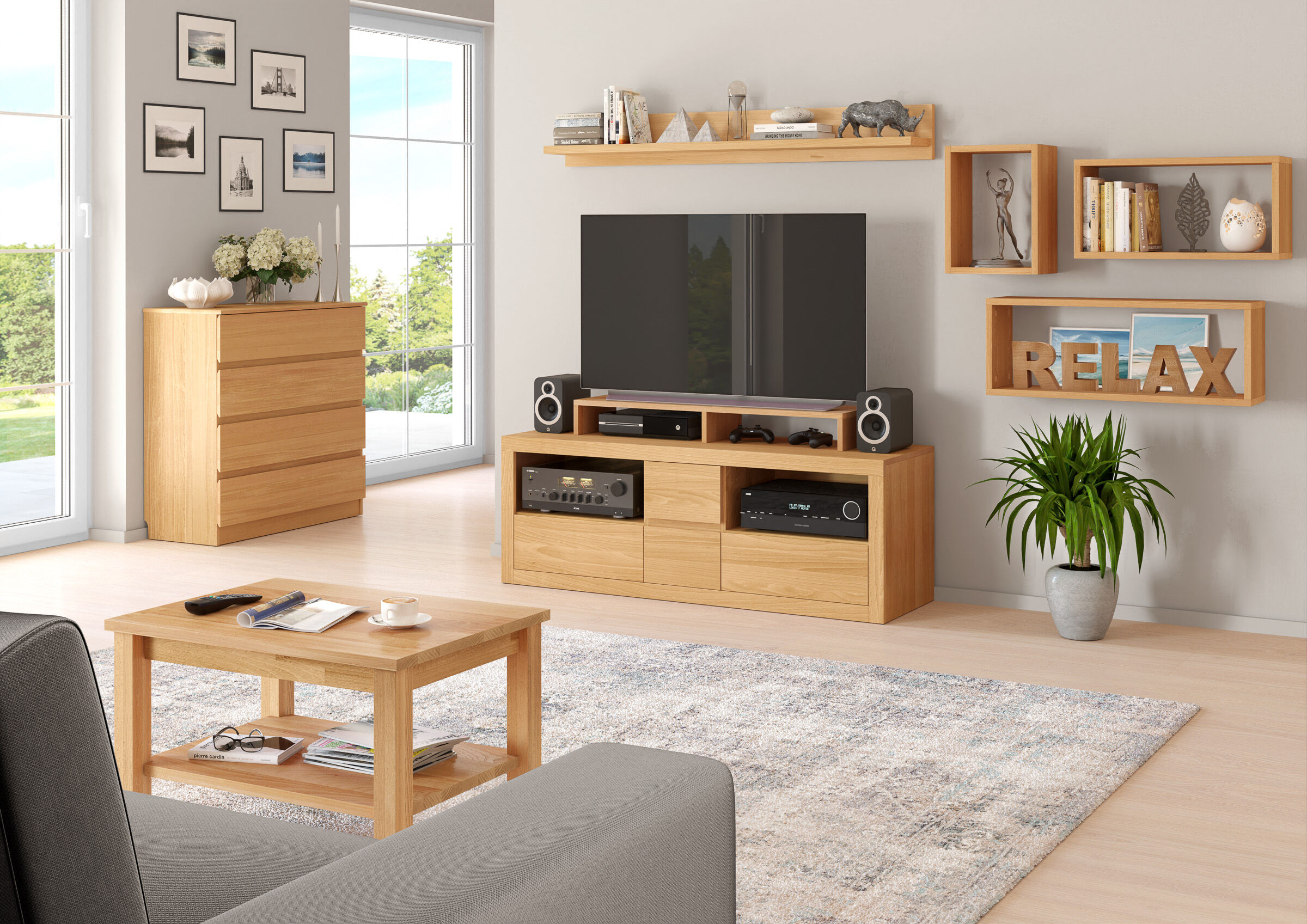 wohnzimmer, fernseher, tv-median, TV-Kommode aus Buche