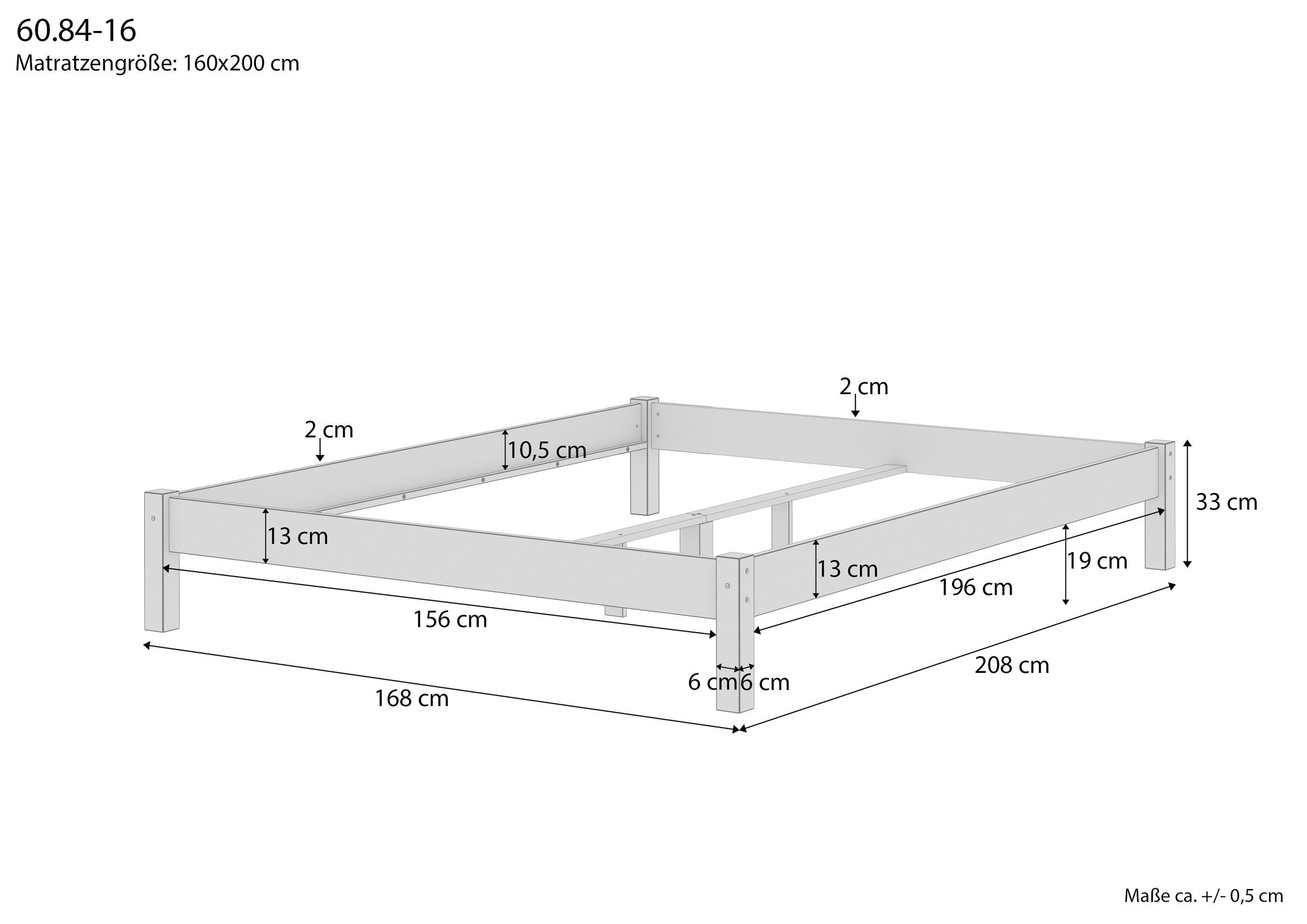 Bettgestell, Holzrahmen, Bauweise, Matratzenmaß 160x200, Bettrahmen, Maßskizze des Doppelbettes 160x200