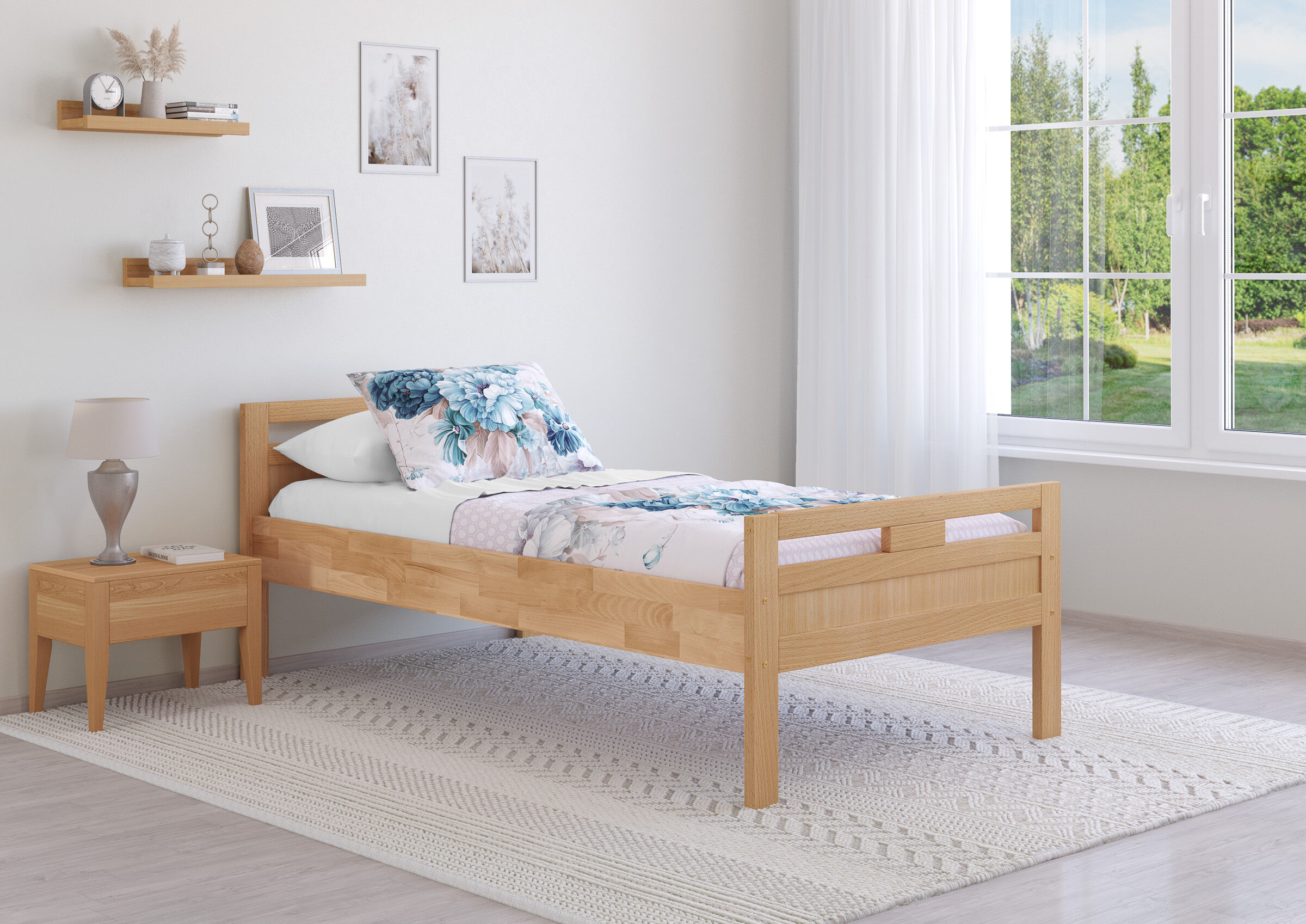 holzbettrahmen, einzelbett, blaues musterdekor, nachtisch, lampenständer, Zimmerbild Buche Seniorenbett natur