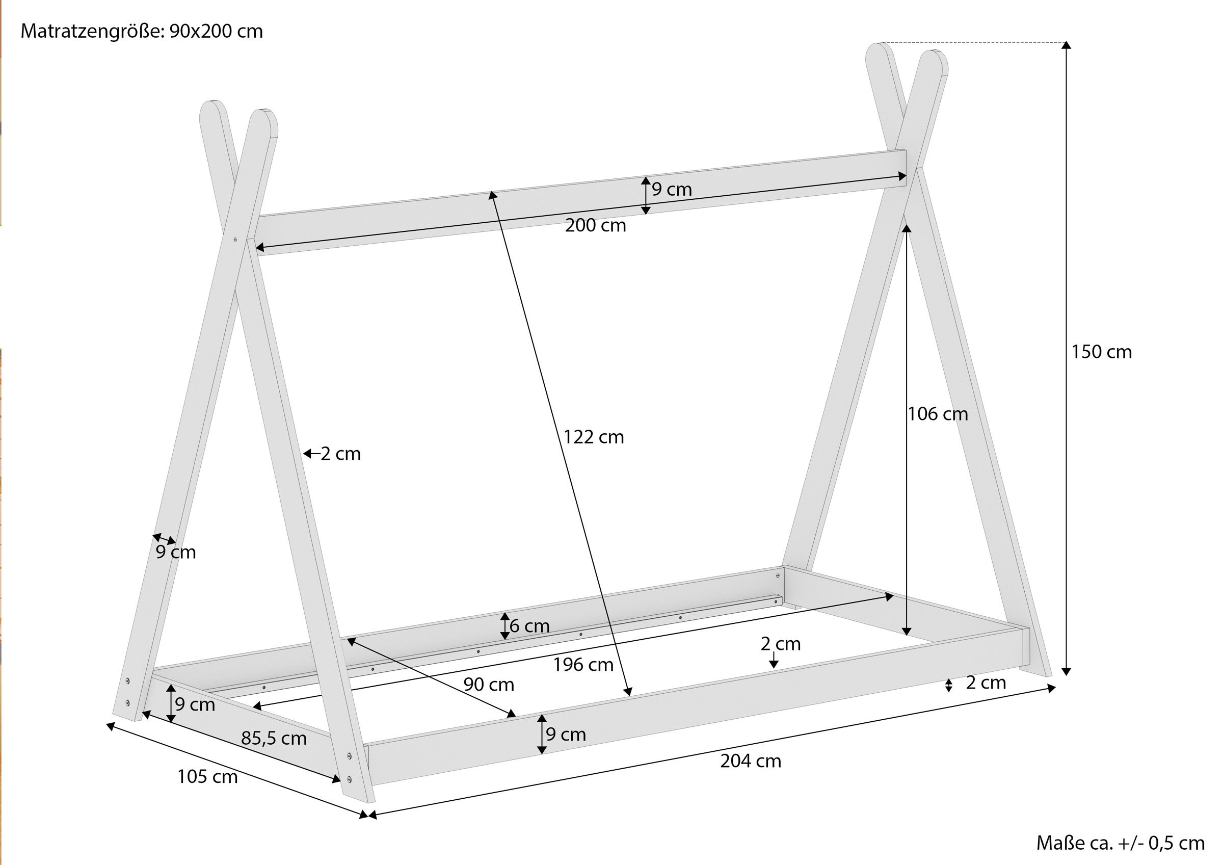 Bettrahmen, Holzrahmen, Doppelstands, Matratzenrahmen, großes Gestell, Maße des Tipi-Bettes 90x200