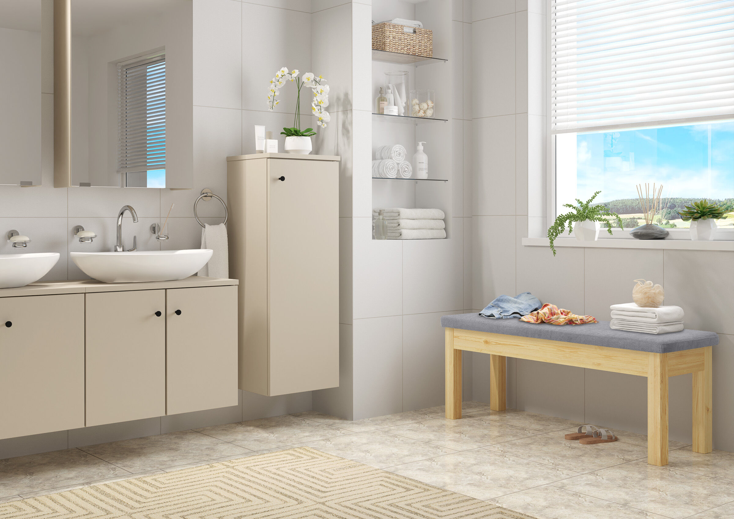 Badezimmer, Waschbecken, Waschtisch, Regale, Holzbank, Bad Bank gepolstert Sitz grau