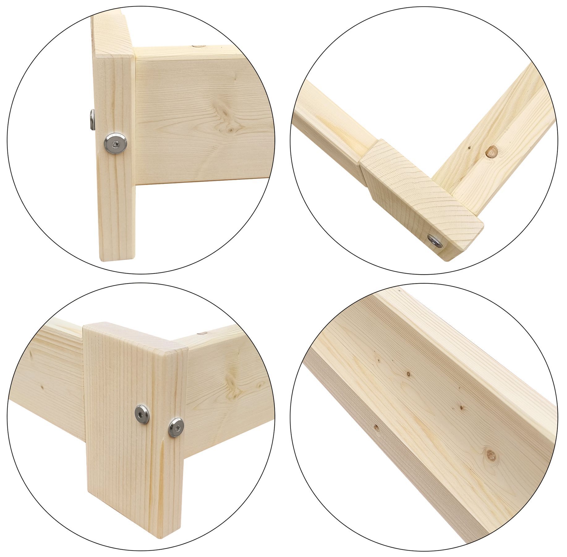 Holzrahmen, Holzbalken, Holzbausatz, Kiefernholz, Holzleiste, Niedriges Einzelbett im Detail