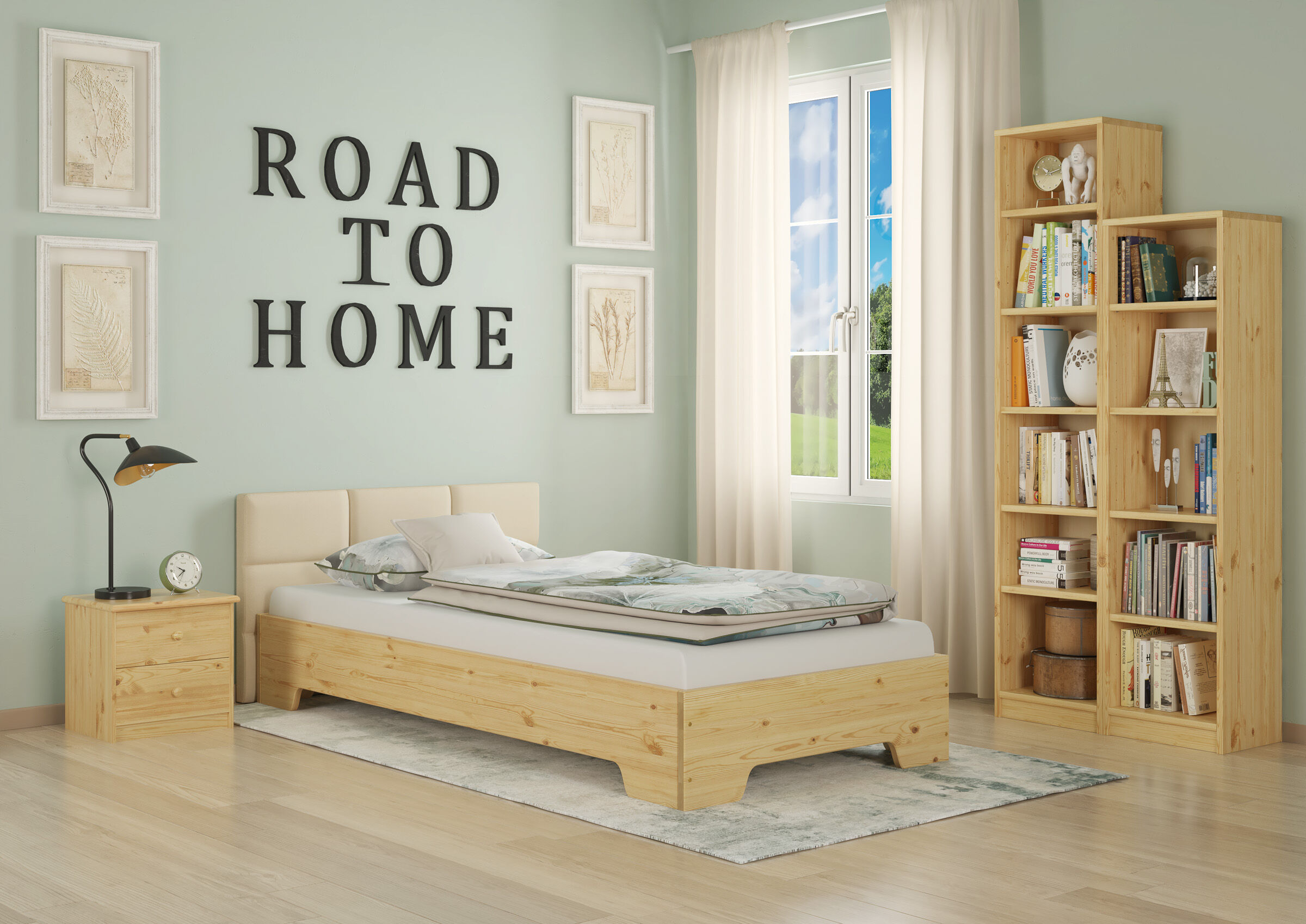 bett, holzbett, nachttisch, regal, vorhänge, Kiefer Bett natur