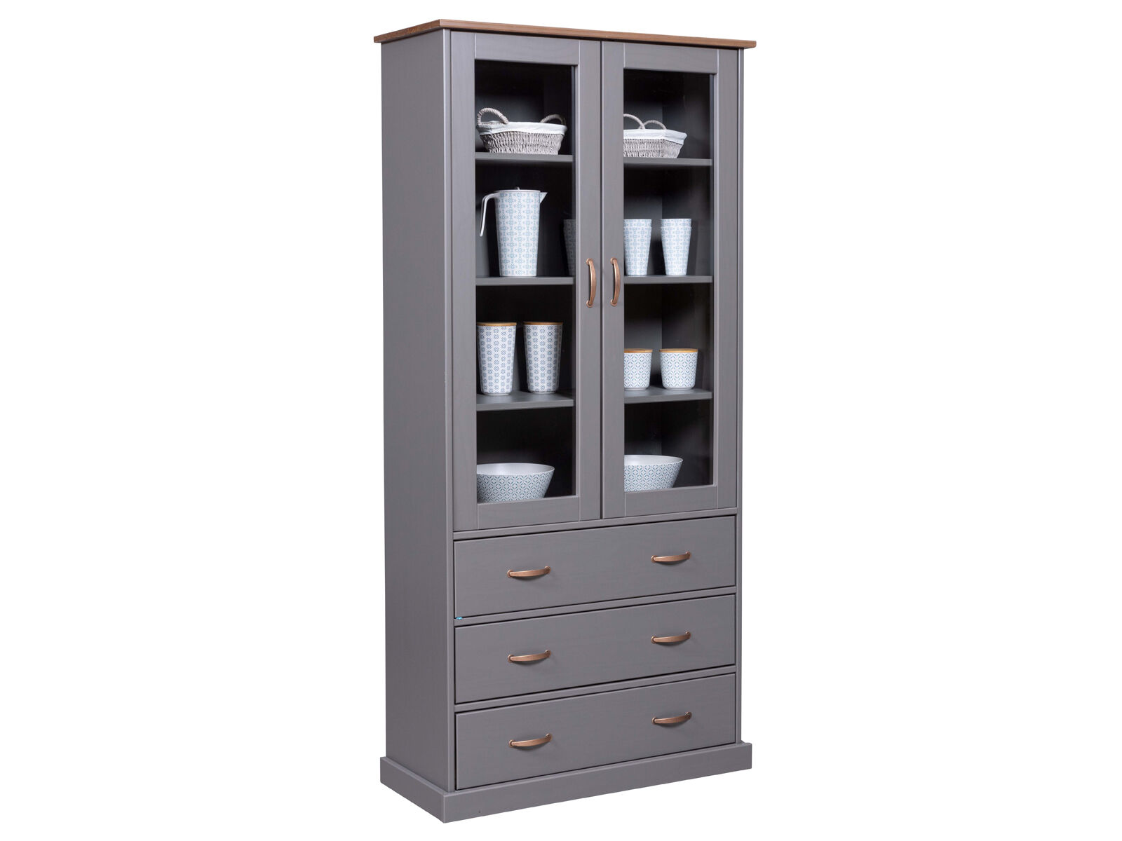 Vitrinenschrank, Schrank, Glasvitrine, Schubladen, Metallgriff, Vitrine grau mit 3 Schubladen und 2 Glastüren