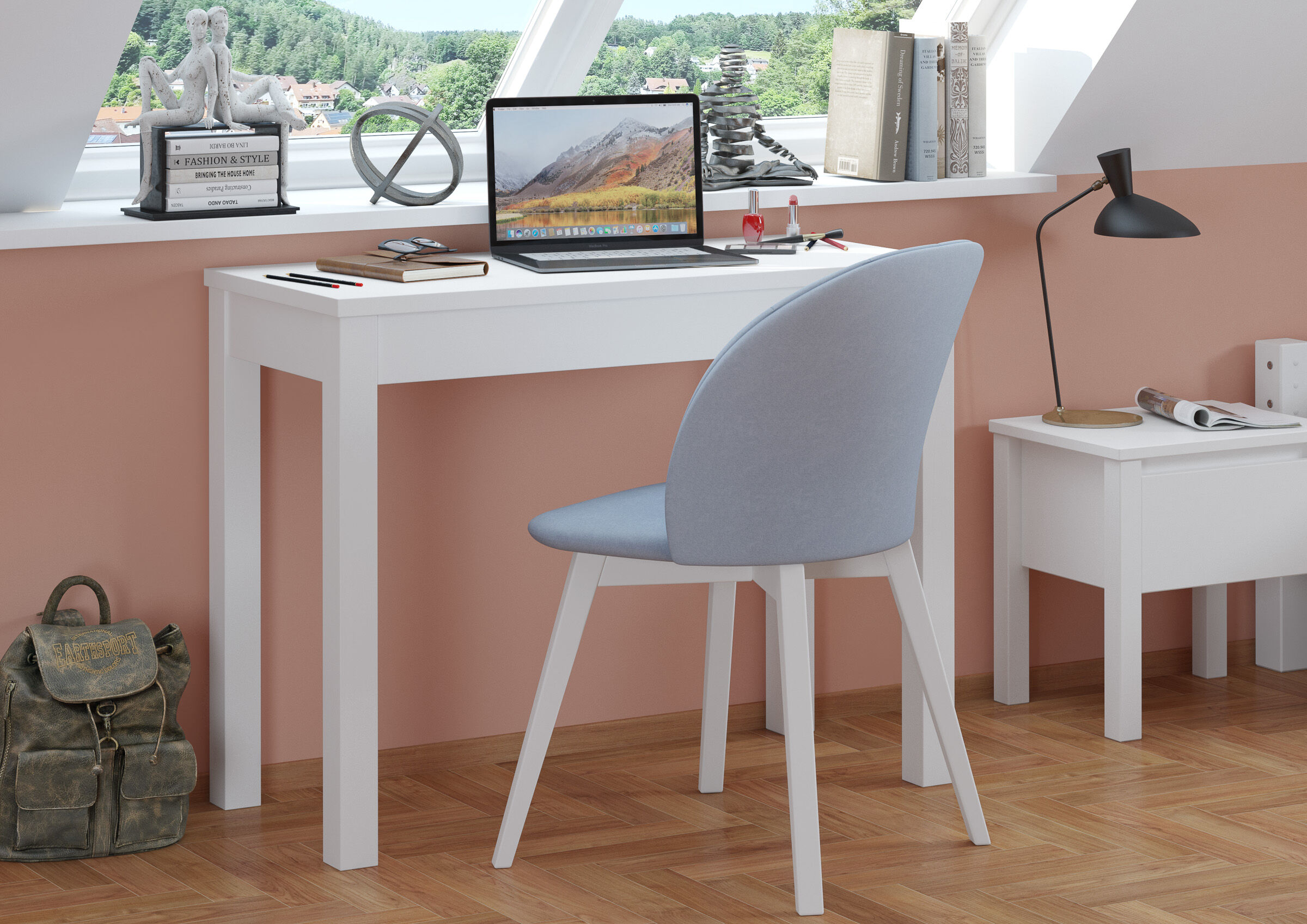 home office, Schreibtisch, Laptop, Arbeitsstuhl, Dekoration Regal, Guter Bürotisch 100x45