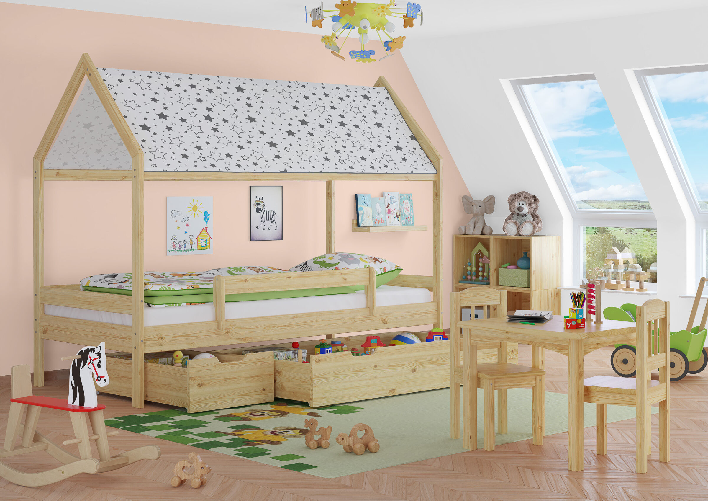 Kinderbett, hochbett, Holz, Musterstern, Spielzeugaufbewahrung, Zimmerbild mit Kinderbett und 2 Bettkästen Kiefer natur