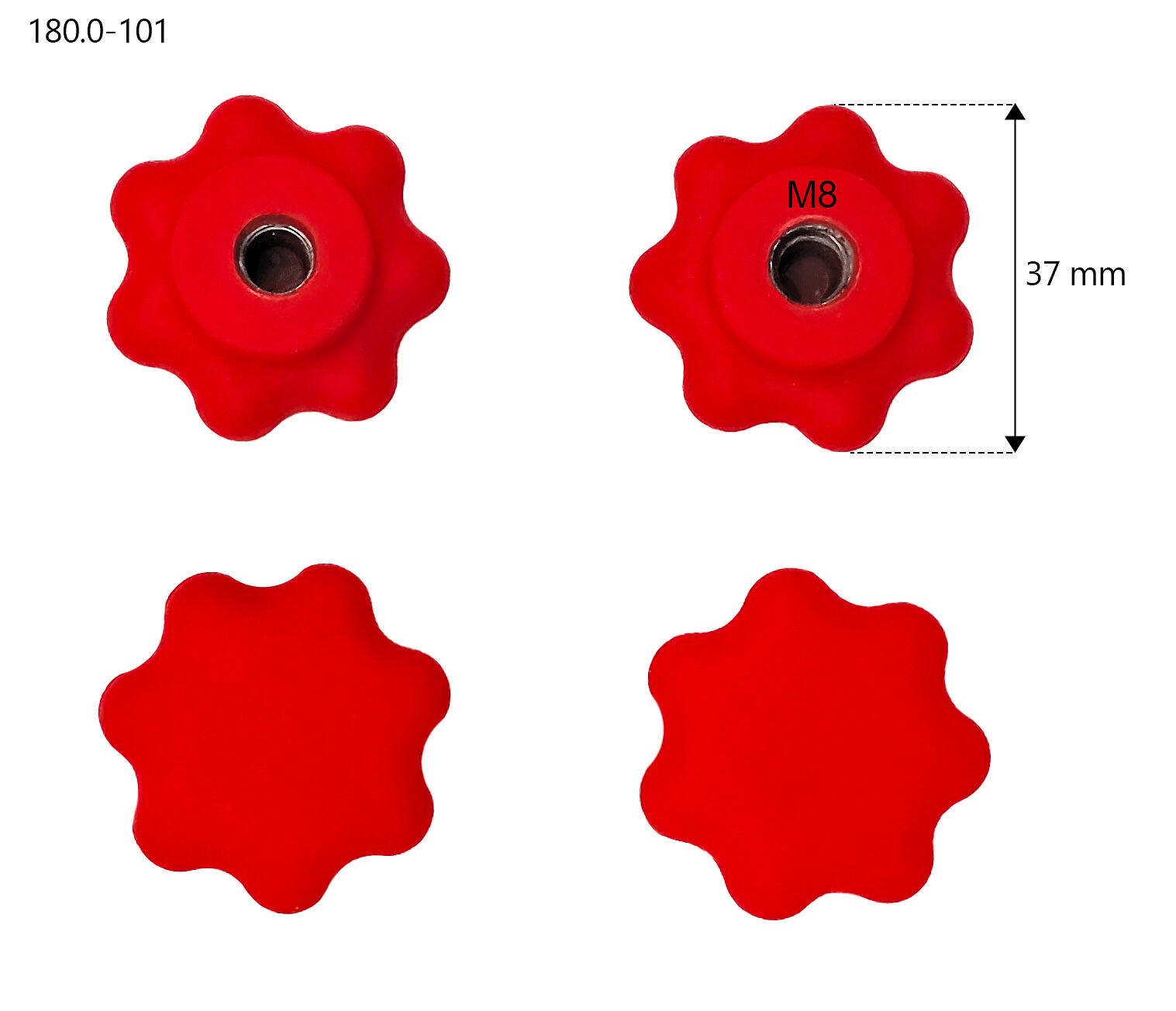 knob, rot, blumenförmig, Kunststoff, M8, Schraubensatz für Schlitten