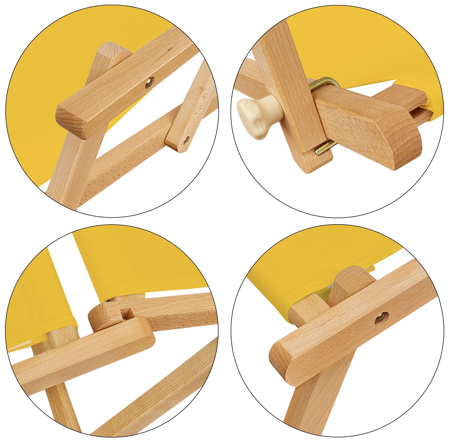 Holzrahmen, Klappliege, Gelb, Möbelholz, Holzstuhl, Buche-Gestell mit Stofffarbe gelb im Detail
