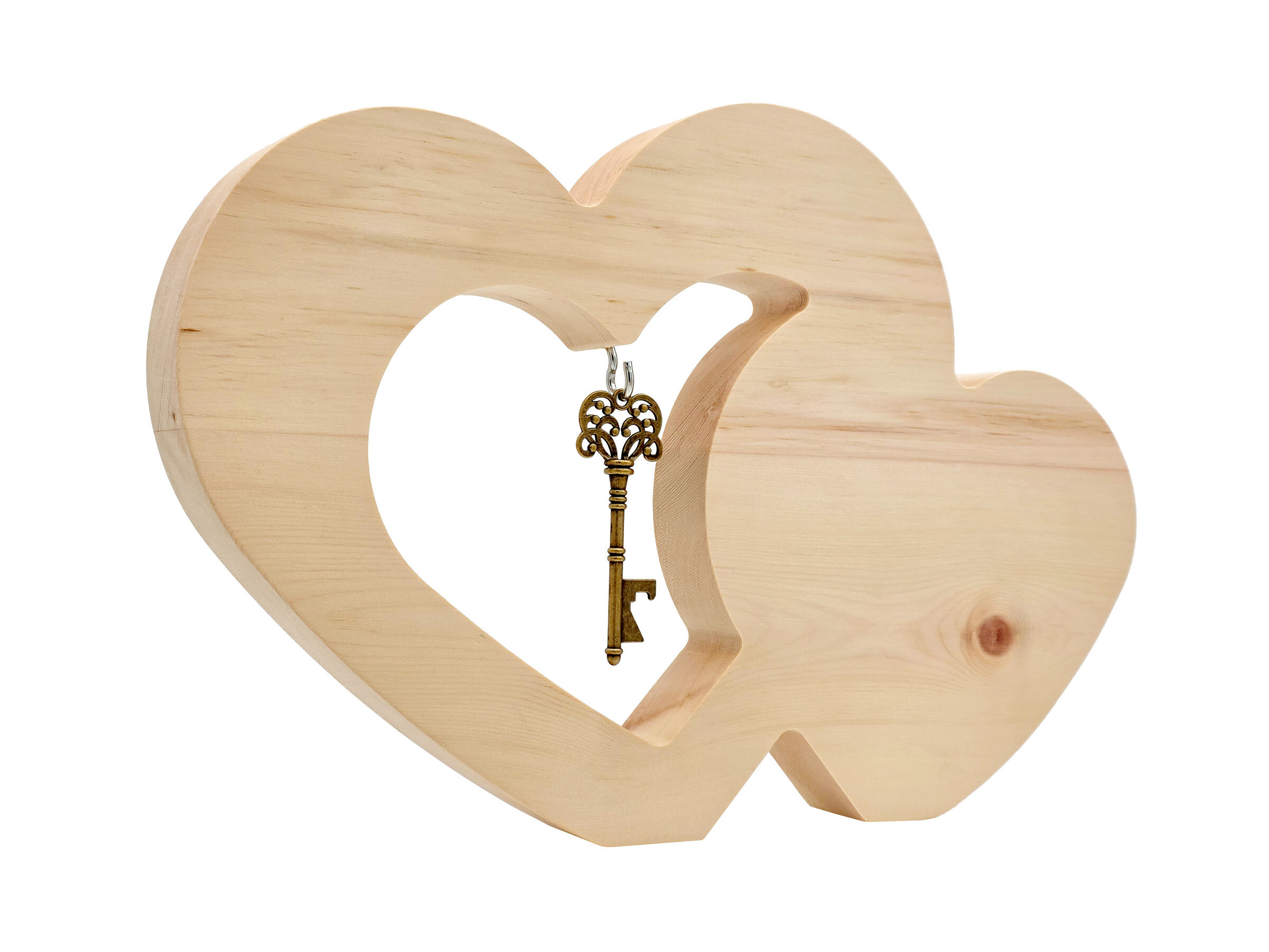 Holzdeko, Herz-Design, Schlüsselanhänger, Herzanhänger, Naturholz, Großes und kleines Doppelherz mit Schlüssel