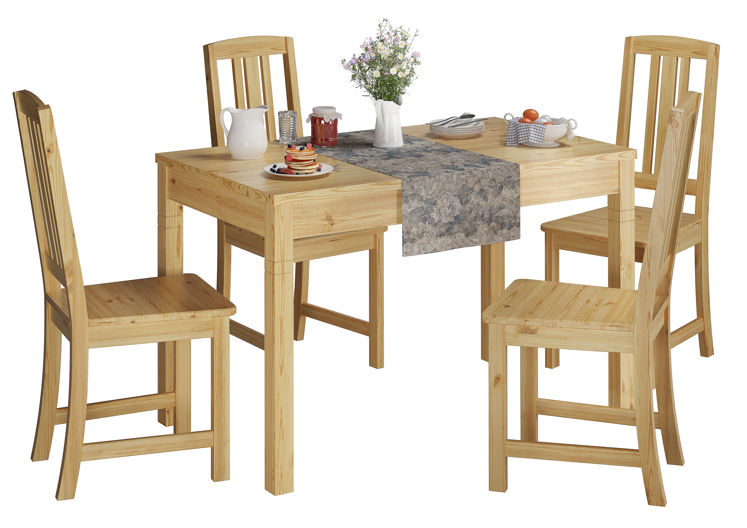 Esstisch, Holz, Vier Stühle, Tischdecke, Geschirrset,