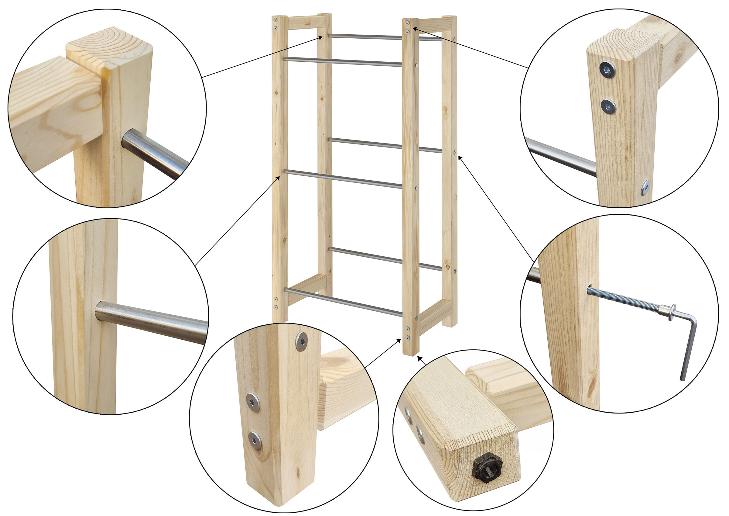 holzrahmen, Klettergerüst, Ringsystem, Holzpfosten, Stahlstangen, Details Kistenregal
