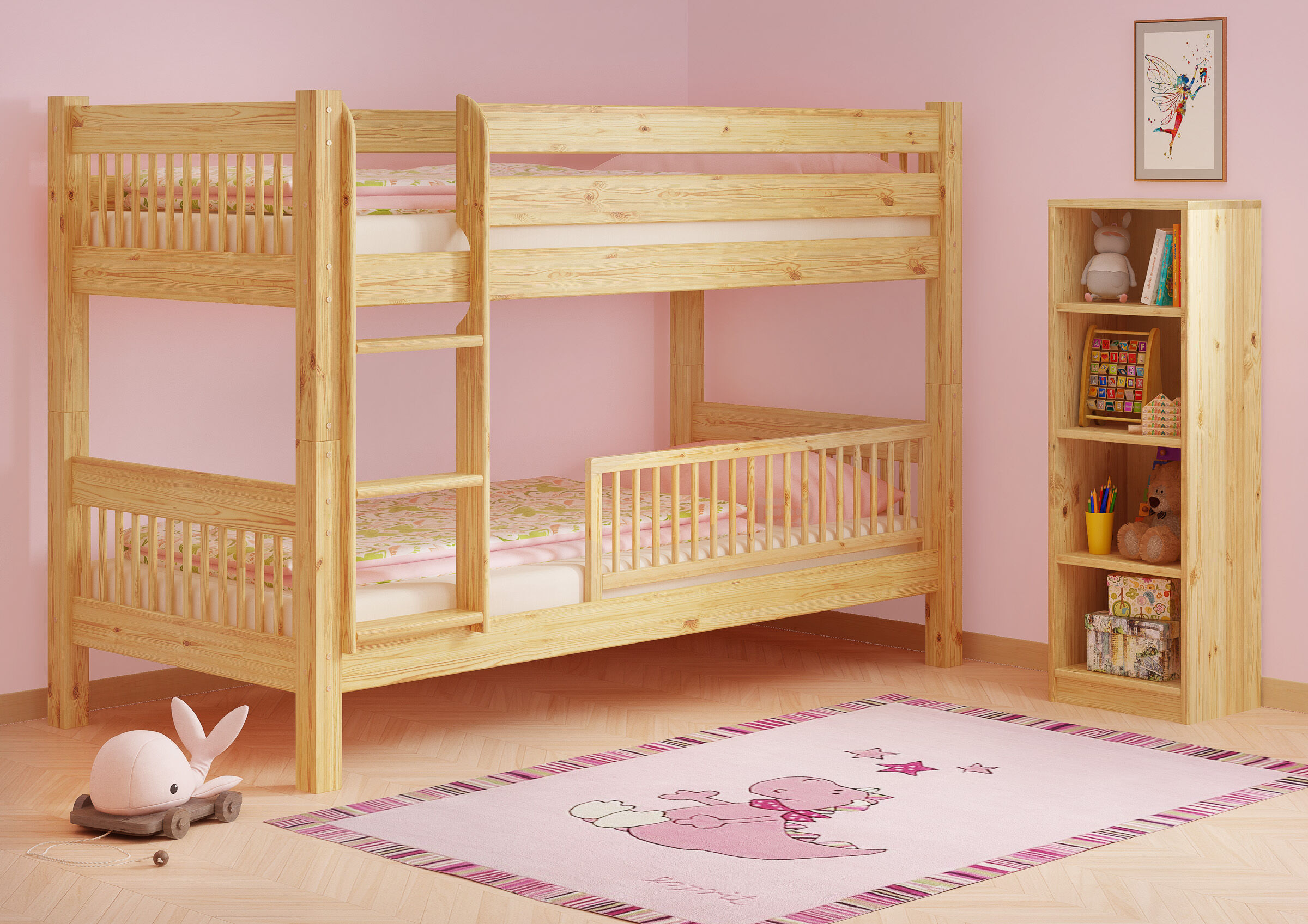 Etagenbett, Holzbetten, Kinderzimmer, Pink, Spielzeugregal, Zimmerbild Kiefer Etagenbett mit Kindersicherung
