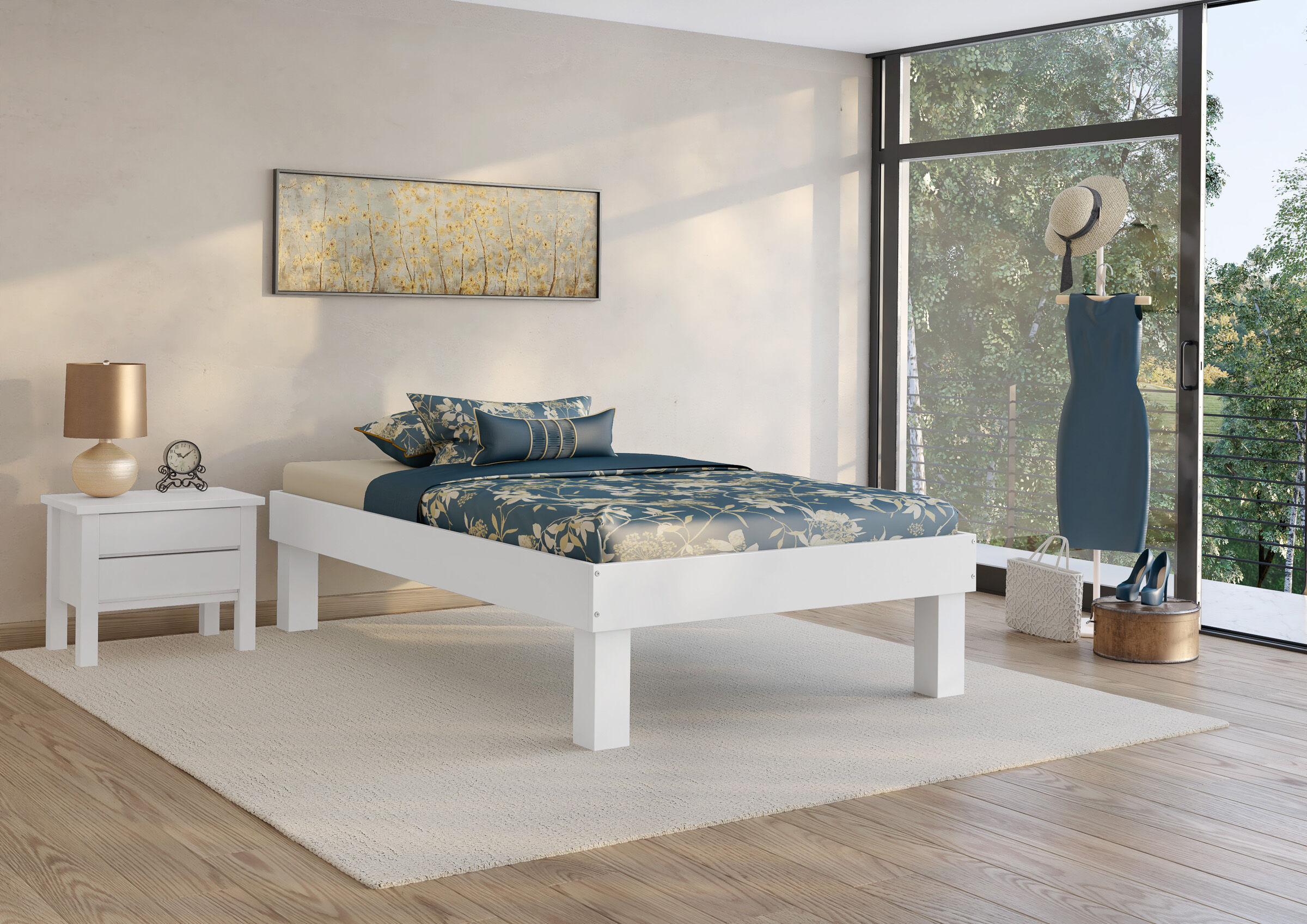 Bed, Bed frame, Bedding, Rug, Large window, Überlanges Einzelbett 120x220 im Schlafzimmer
