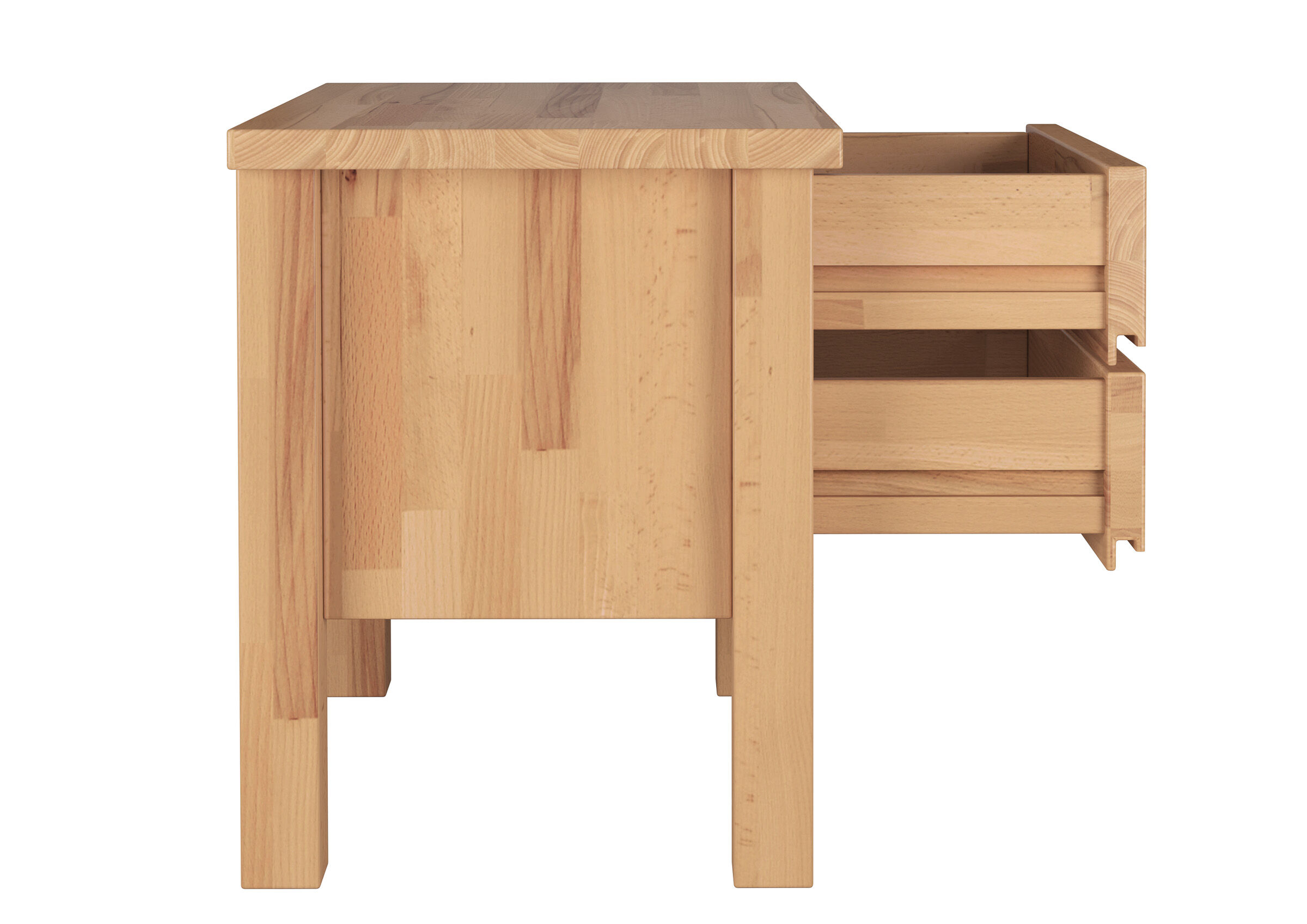 Holzschrank, Schubladenkasten, Massivholz, Küchenmöbel, natürliche Holzfarbe, Seite Nachttisch