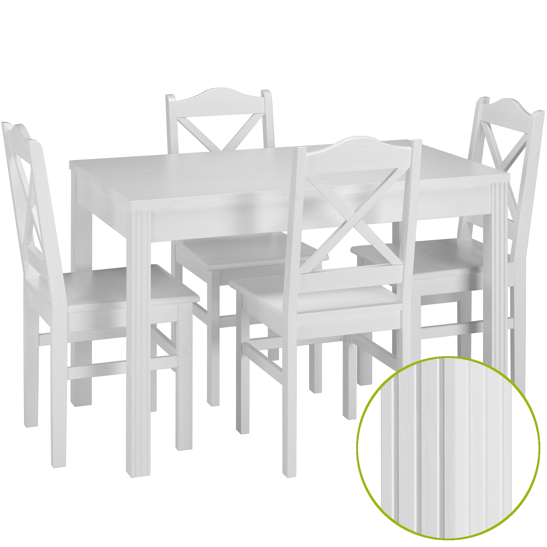 Esstisch-Set, Holzstuhl, weiße Möbel, Küchenmöbel, Holzmaserung,