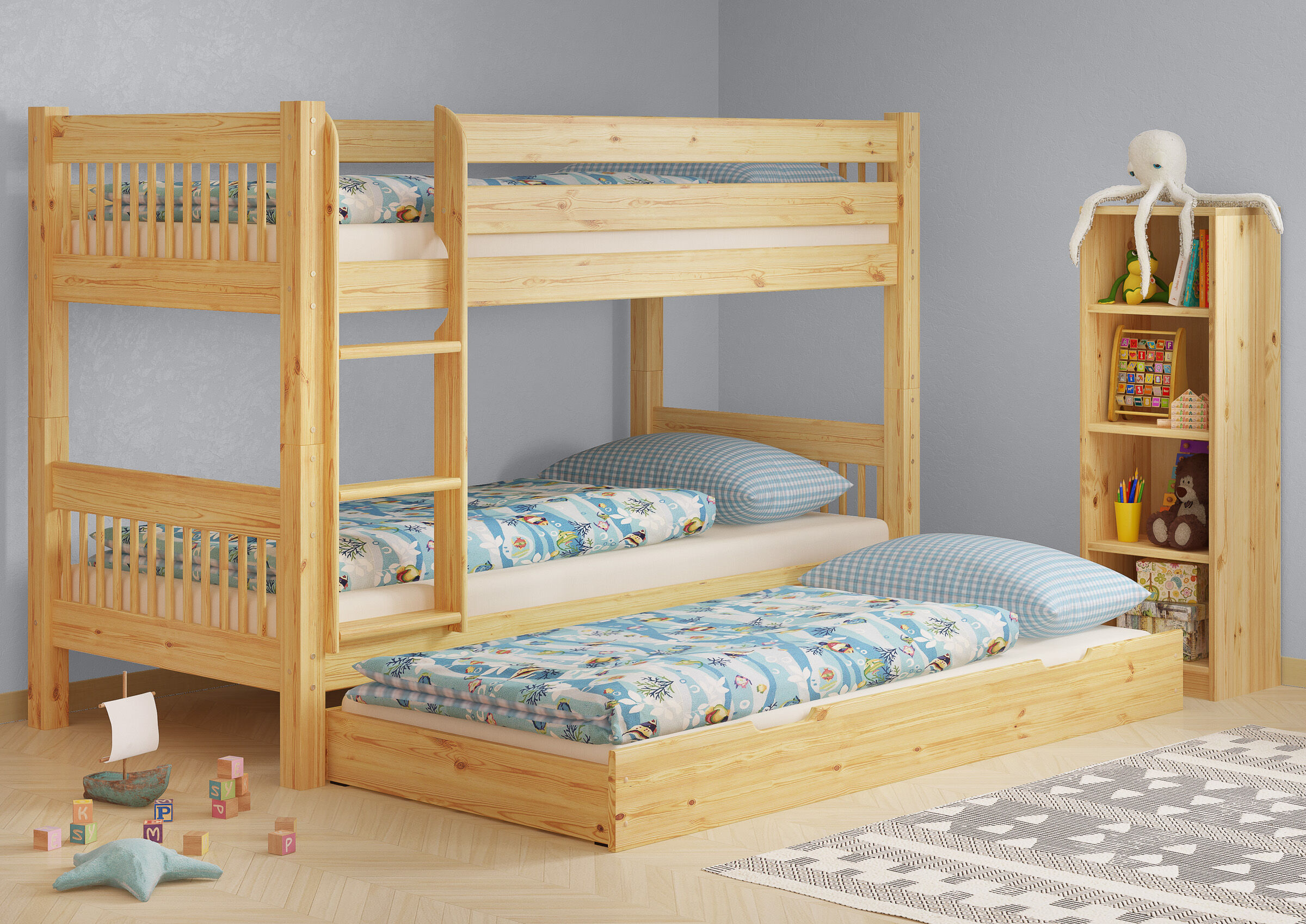 holzbetten, stockbett, hakenstapelbett, holz, betten, Zimmerbild mit Bettkasten S7