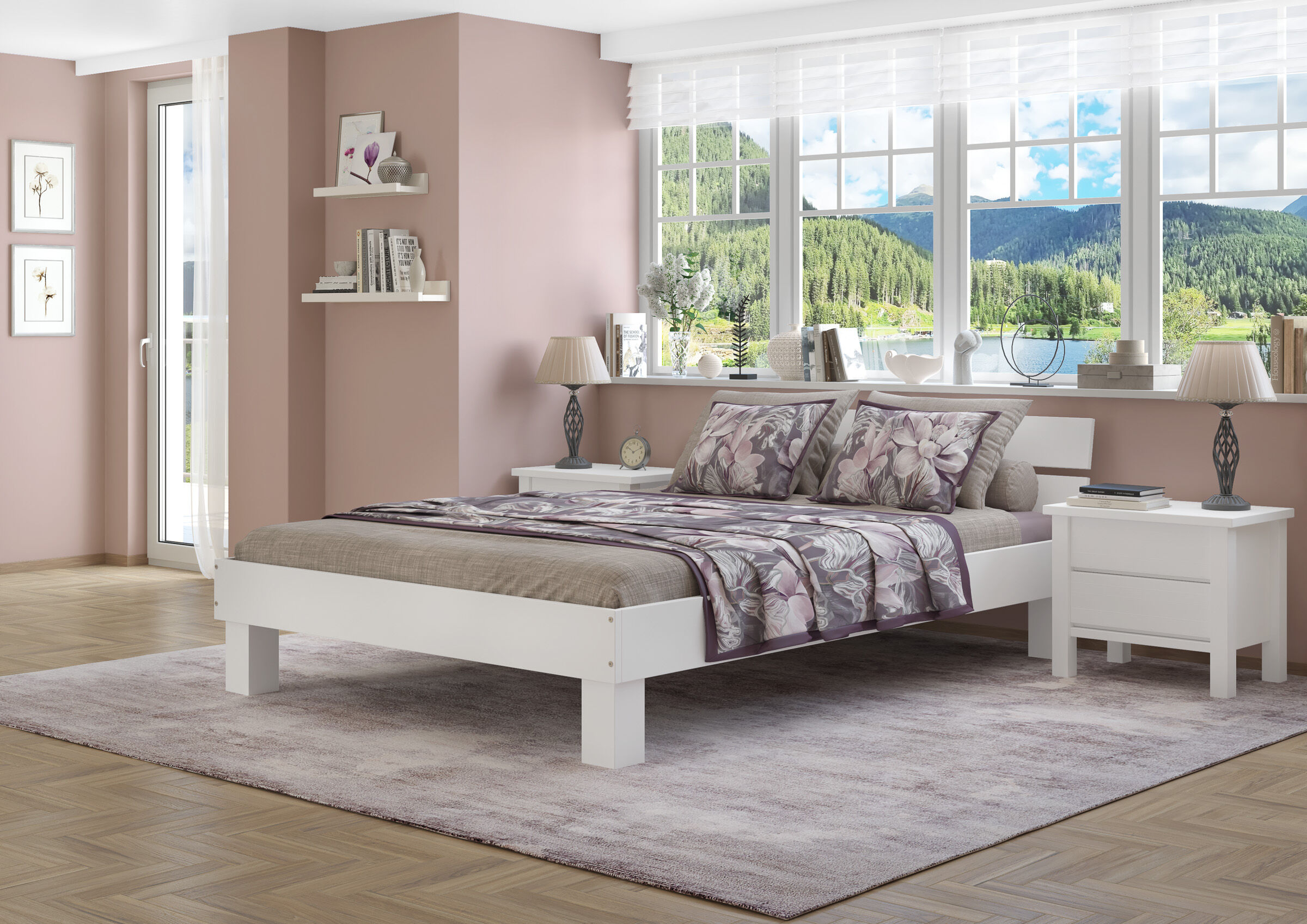 bett, schlafzimmer, bettwäsche, kissen, lila, Zimmerbild des Massivholzbettes 160x220 mit Kopflehne