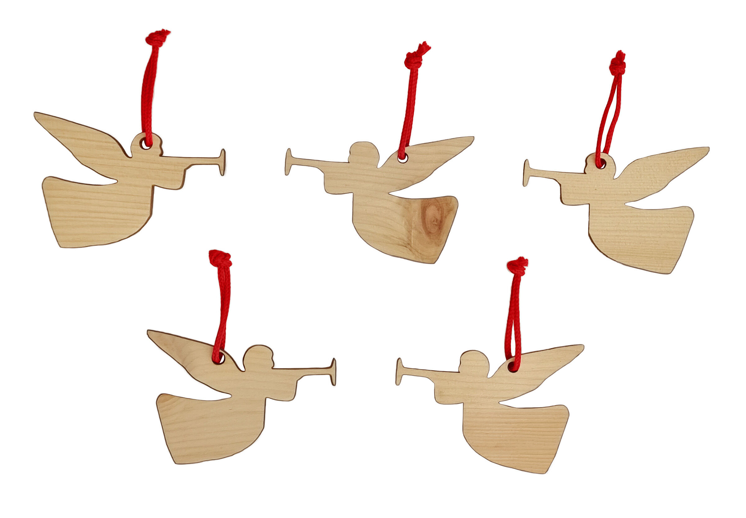 Holzdeko, Engel, Flugfigur, Weihnachtsanhänger, Holzanhänger, 5er Set Christbaumschmuck Engel mit rotem Aufhänger
