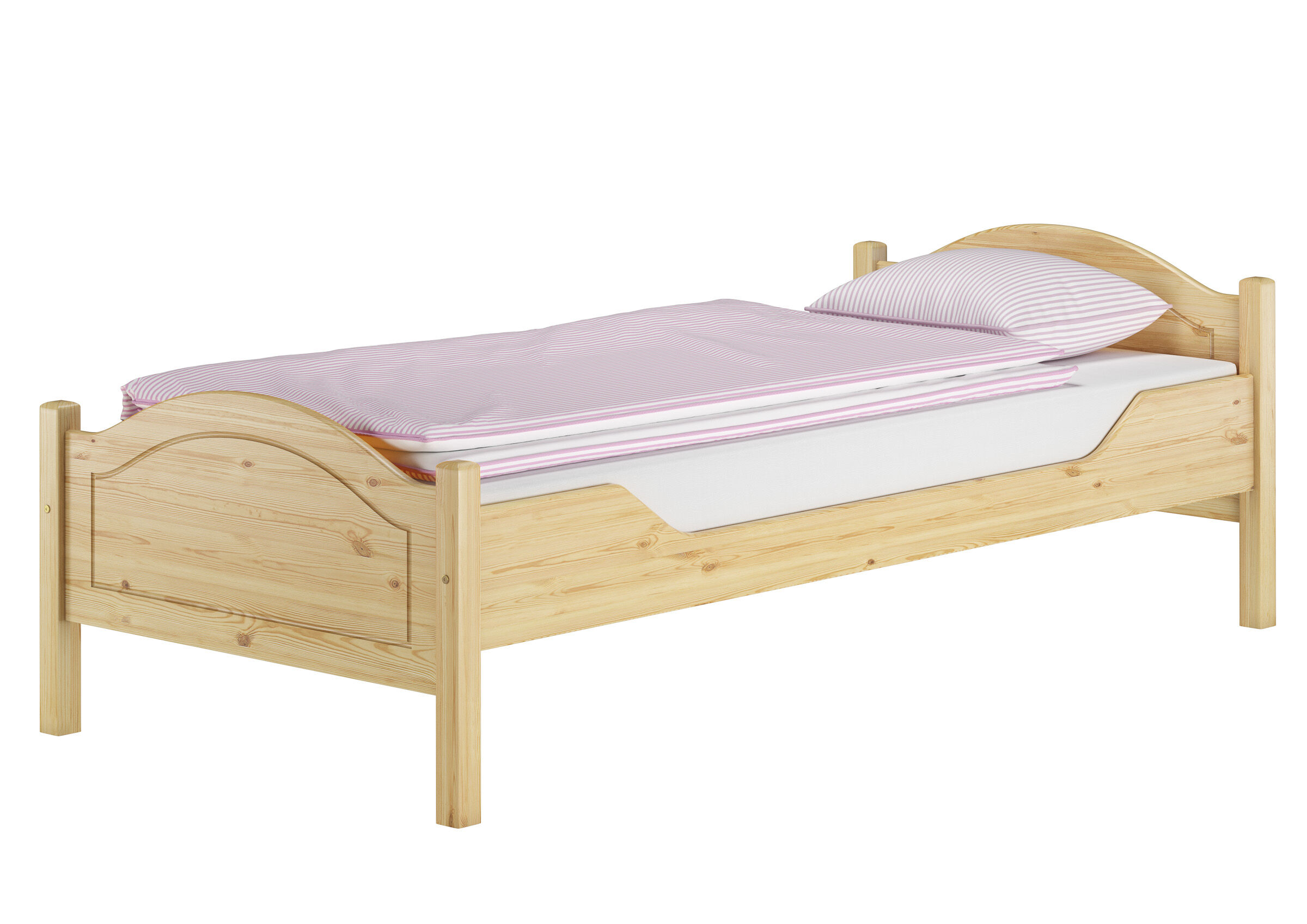 Holzbett, Einzelbett, Naturholz, Lattenrost, Bezugssatz pink-weiß, Jugendbett im Landhausstil
