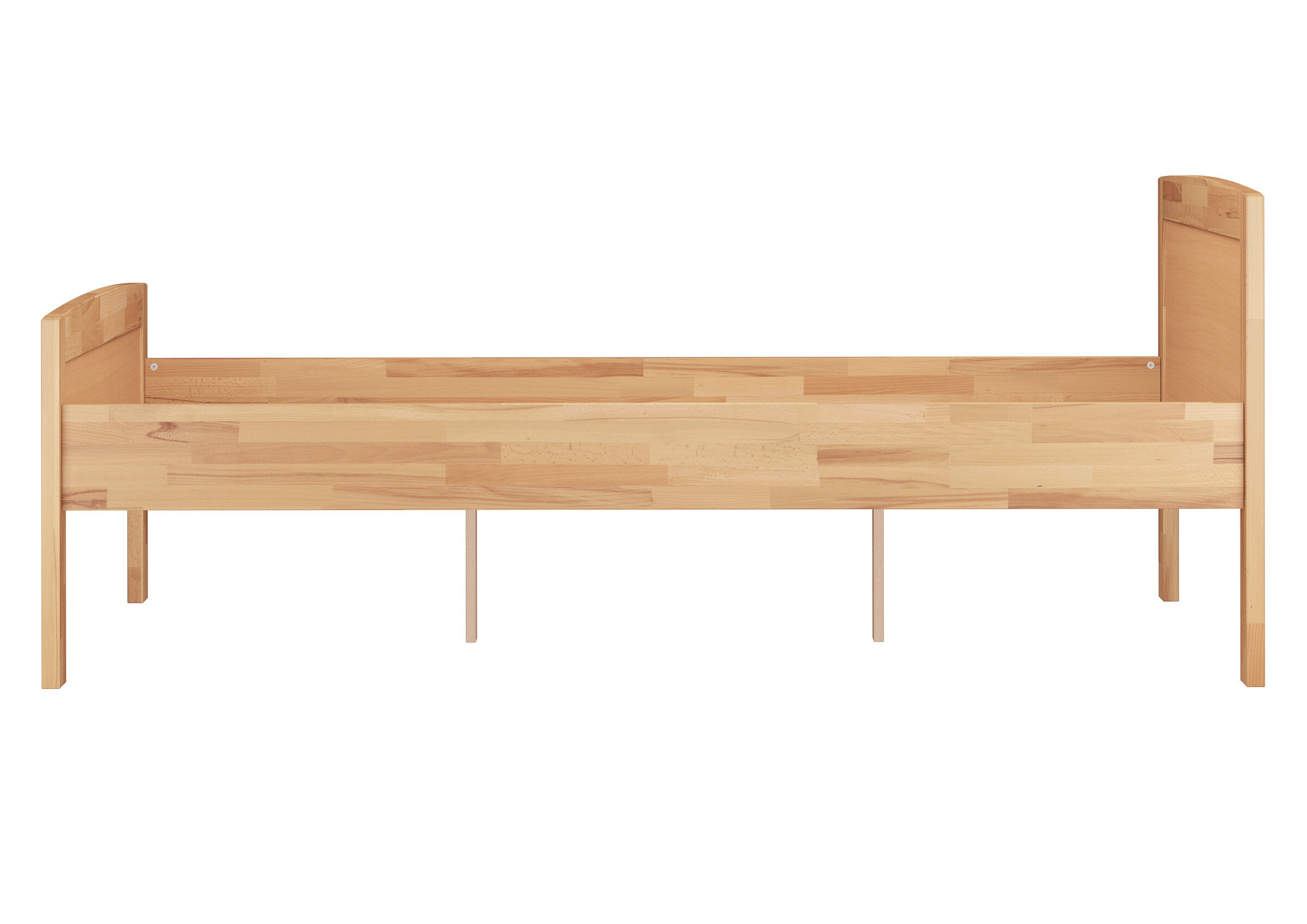 Holzbett, Einzelbett, Kastanienholz, Massivholz, Lattenrost kompatibel, Seitenansicht Buche massiv mit Stützfüßen