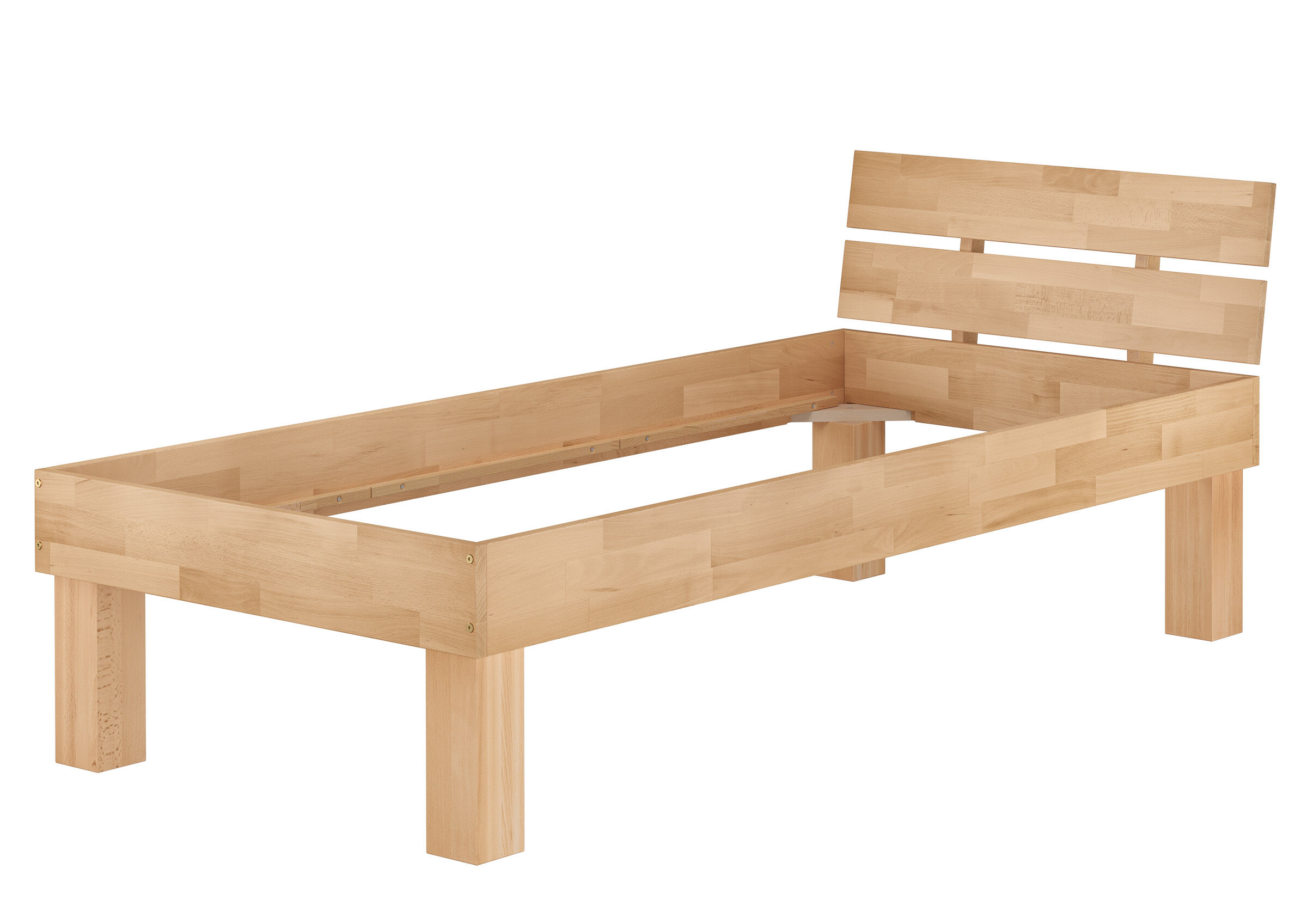 Holzbett, Kopfteil aus Holz, Einlegerahmen, Bettgestell, Naturholz, Stabiles Futonbett 90x200 mit Kopflehne und hohen Füßen