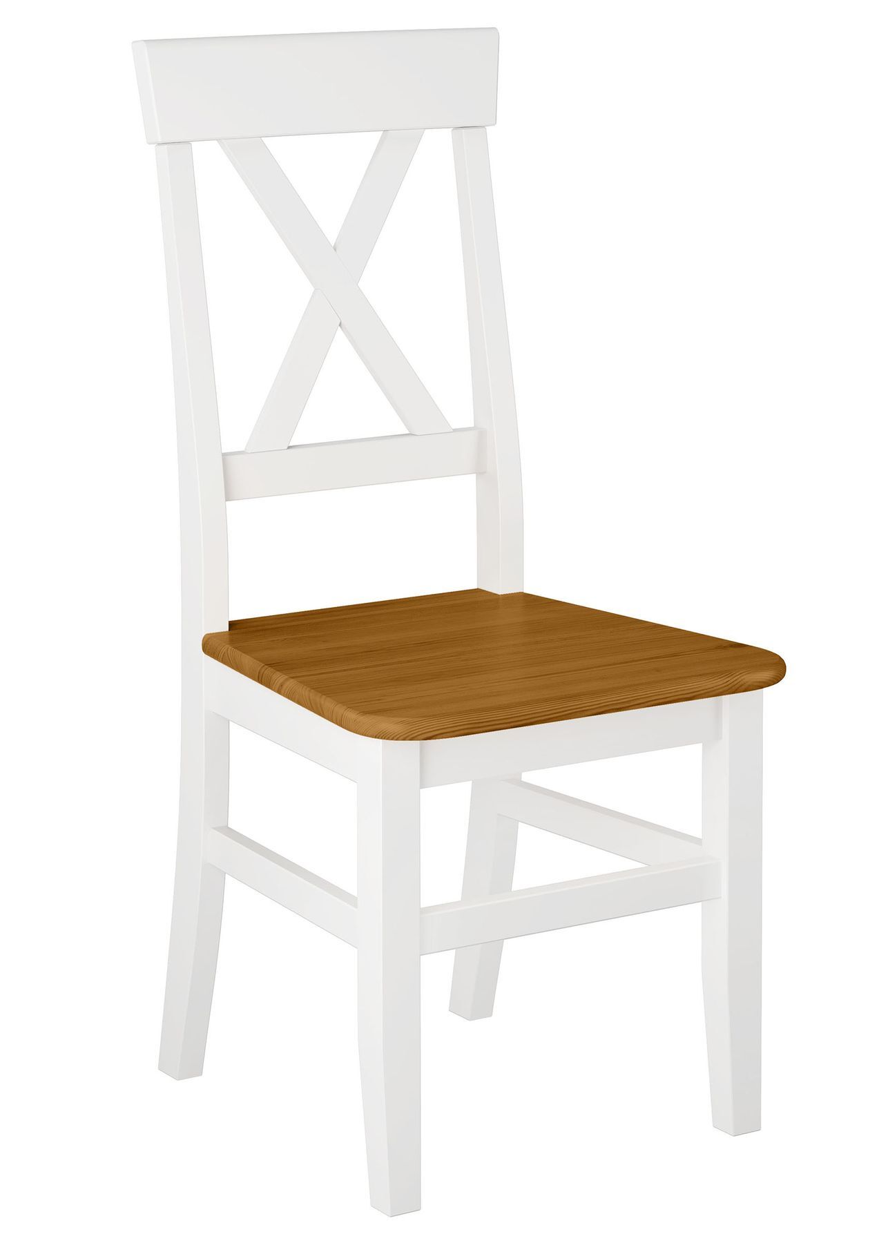 stuhl, Holzsitz, weißer Stuhl, Stuhllehne X-Muster, Massivholz-Sitz, Massivholz-Stuhl Kiefer weiß und Eicheton
