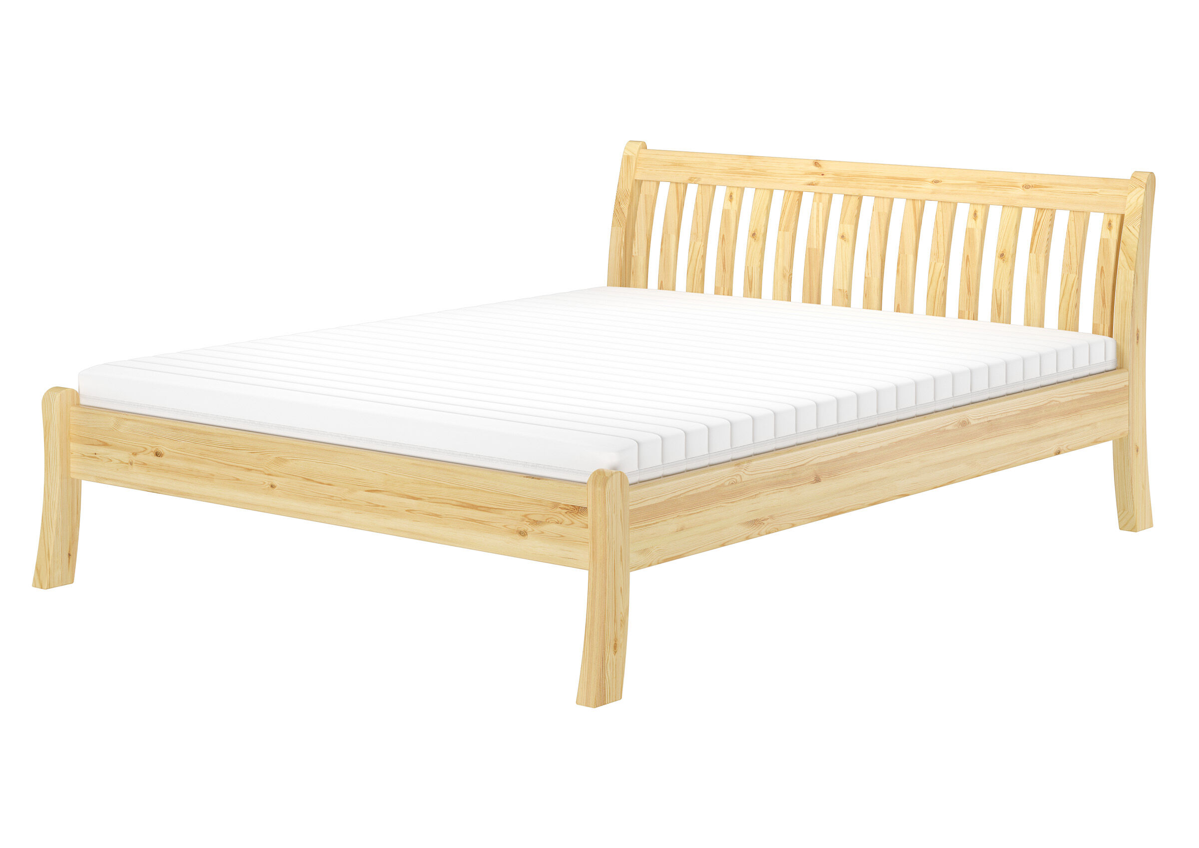 Bettenrahmen, Holzbett, Kiefernholz, Weiße Matratzenauflage, Massivholz-Bett, Doppelbett 180x200 mit Rollrost und Matratze