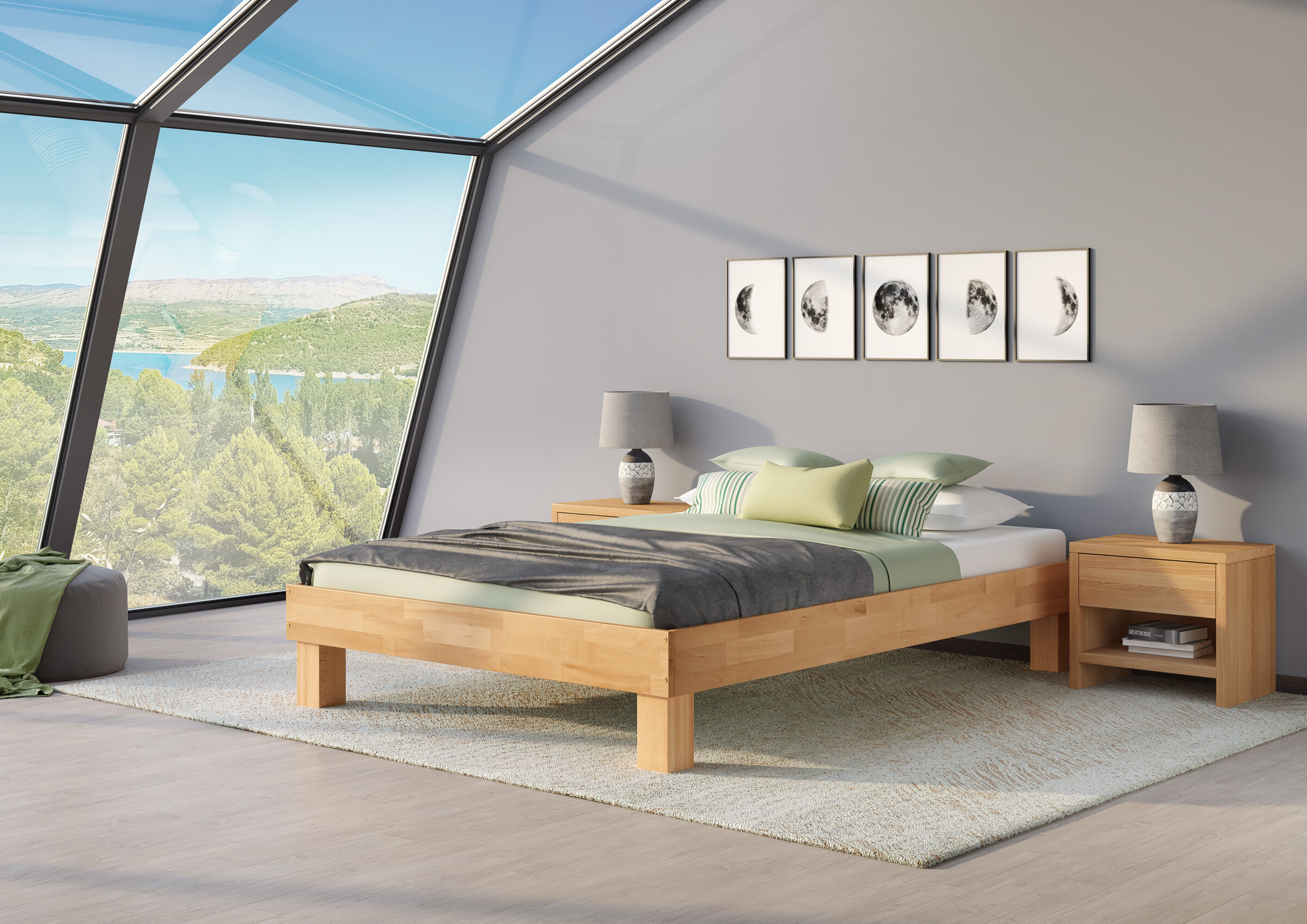 Innenarchitektur, Mobiliar, Lampe, Bett, Dekoration für Zuhause, Zimmerbild mit Buchebett und Nachttisch