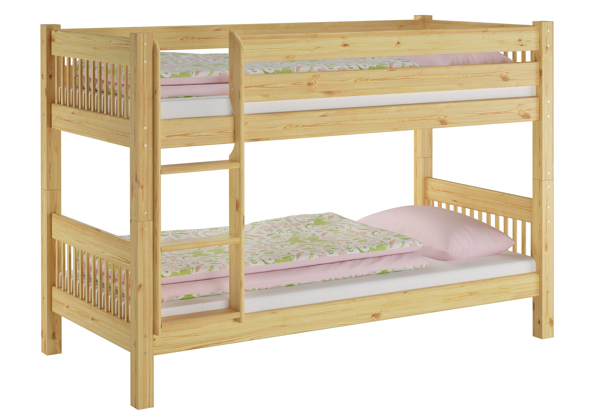 Etagenbett, Holzbett, Kiefernholz, Matratzenset, rosa Bettwäsche, Teilbares Kinderetagenbett Kiefer natur