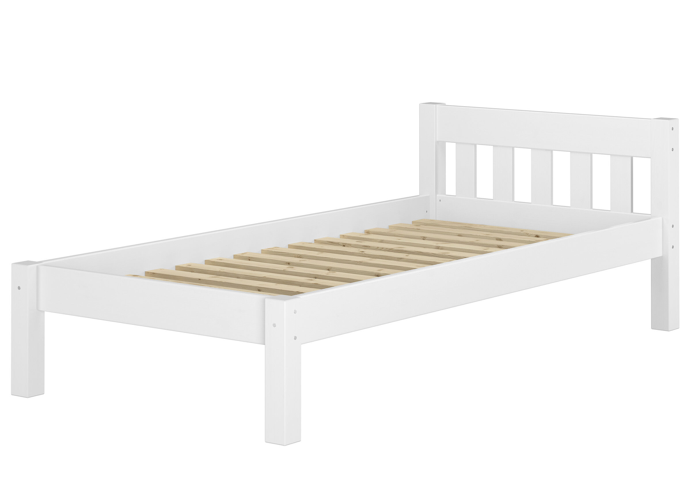 Einzelbett, Holzlatten, Bettgestell, weiß, Bettpfosten, Einzelbett Kiefer weiß mit Rollrost