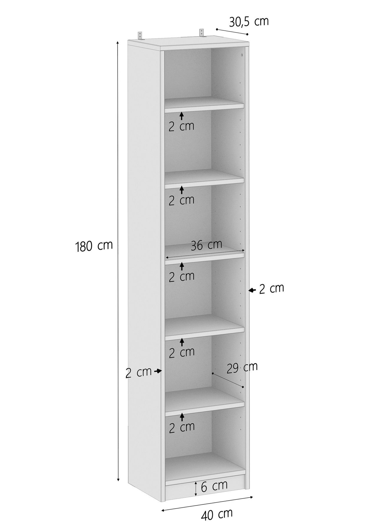 Hochschrank, Regal, exponiertes Regal, Bodenhöhe 180 cm, Regalböden 2 cm Abstände, Skizze 180