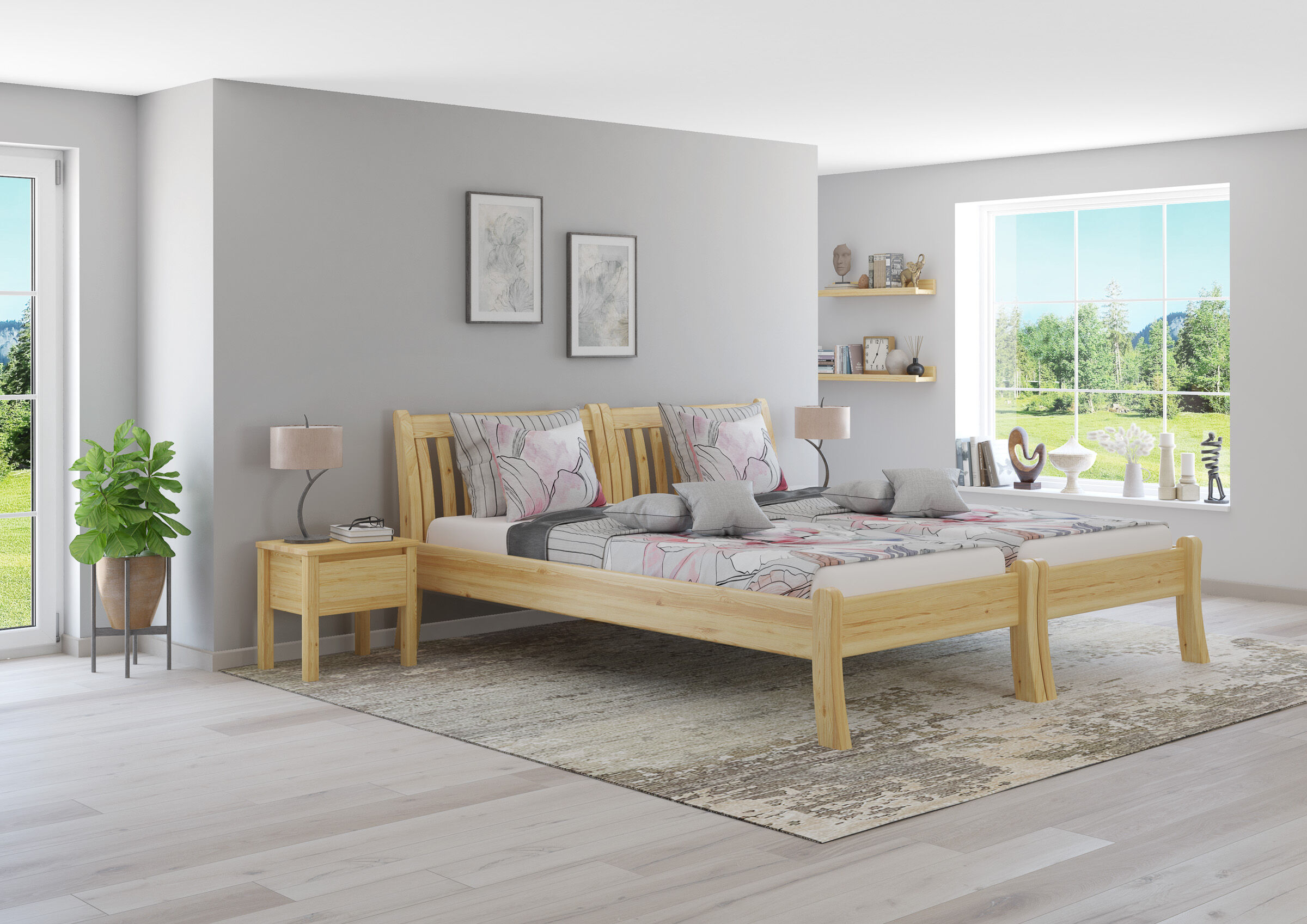 bett, holzbettrahmen, kopfteile, schlafzimmer, wohnzimmerdeko, Zimmerbild modernes Kiefer Bett natur