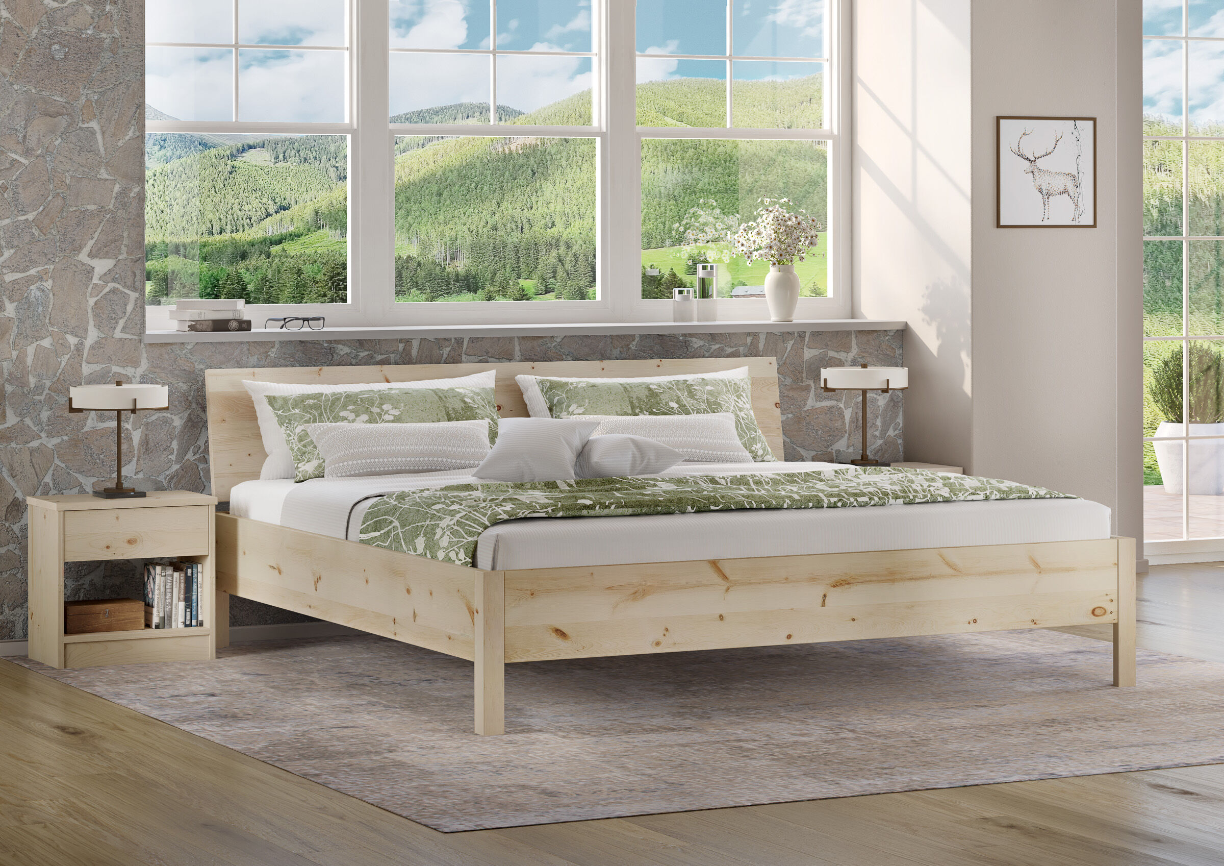 Drinnen, Innenarchitektur, Mobiliar, Inneneinrichtung, Bett, Metallfreies Doppelbett 200x200 im Schlafzimmer